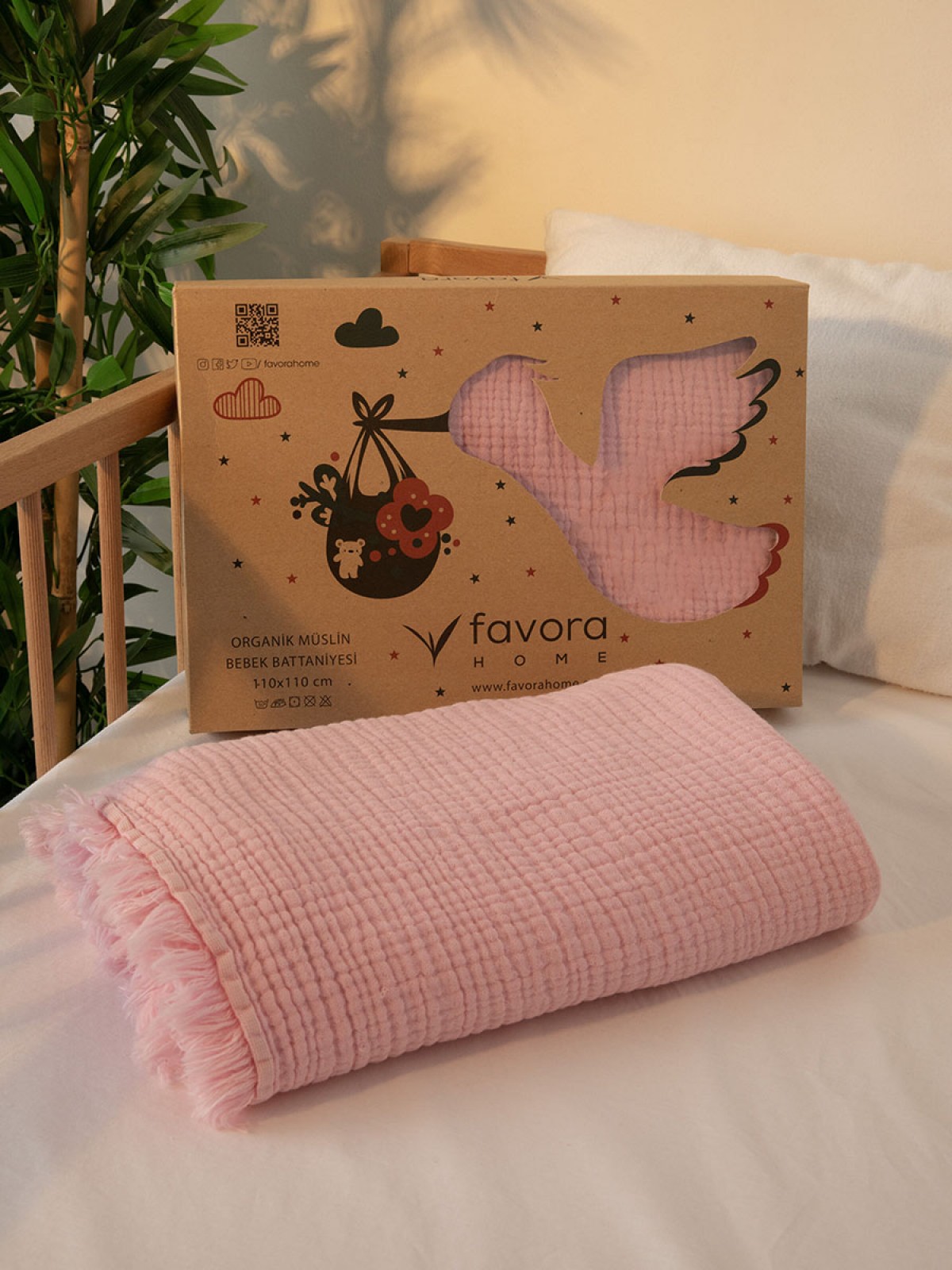 %100 Pamuk 4 Katlı Müslin Bebek Örtüsü 110x110 cm - Pembe