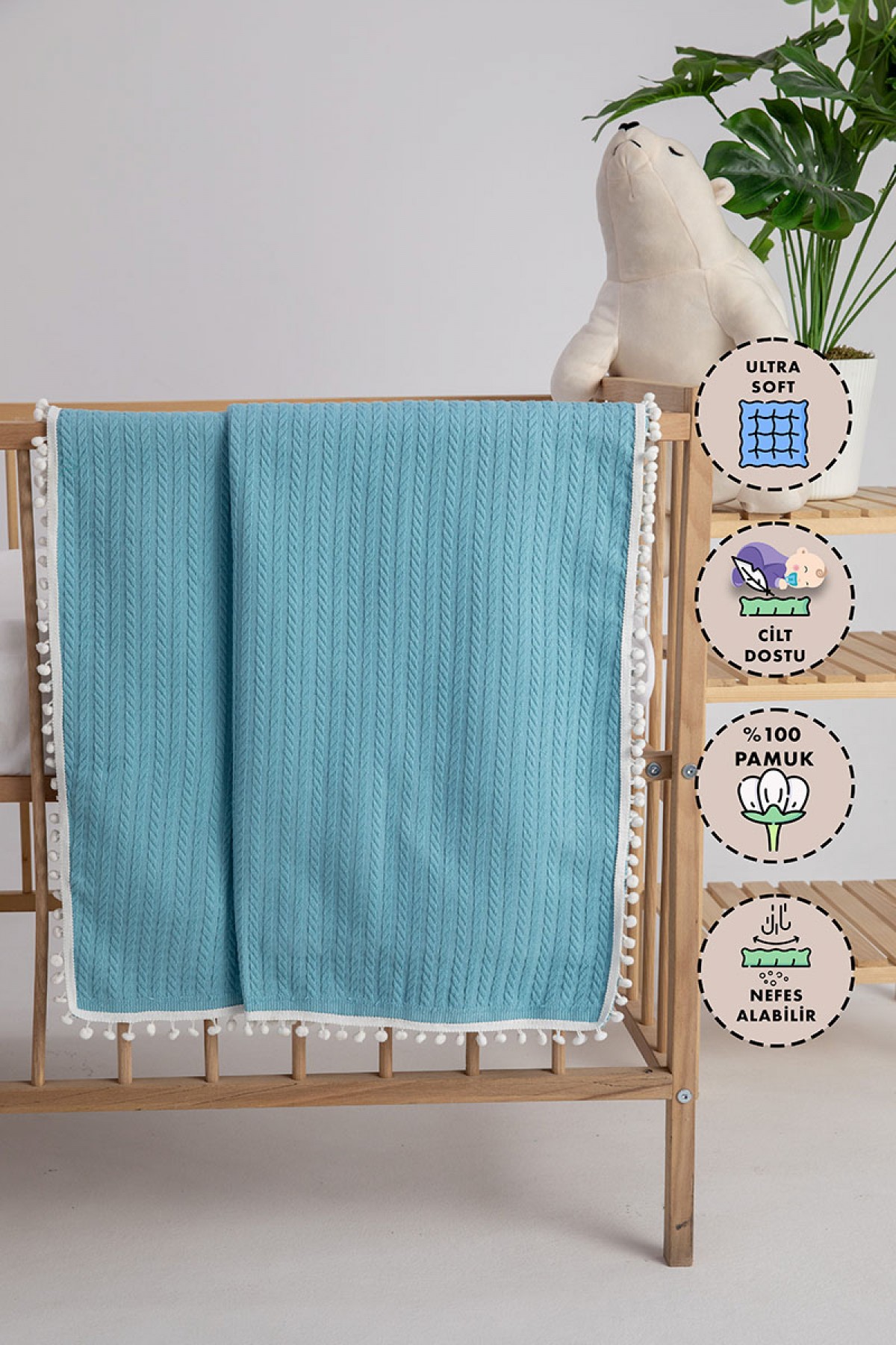 %100 Pamuk Cherry Bebek Battaniyesi - Turkuaz %100 Pamuk Cherry Bebek Battaniyesi - Turkuaz