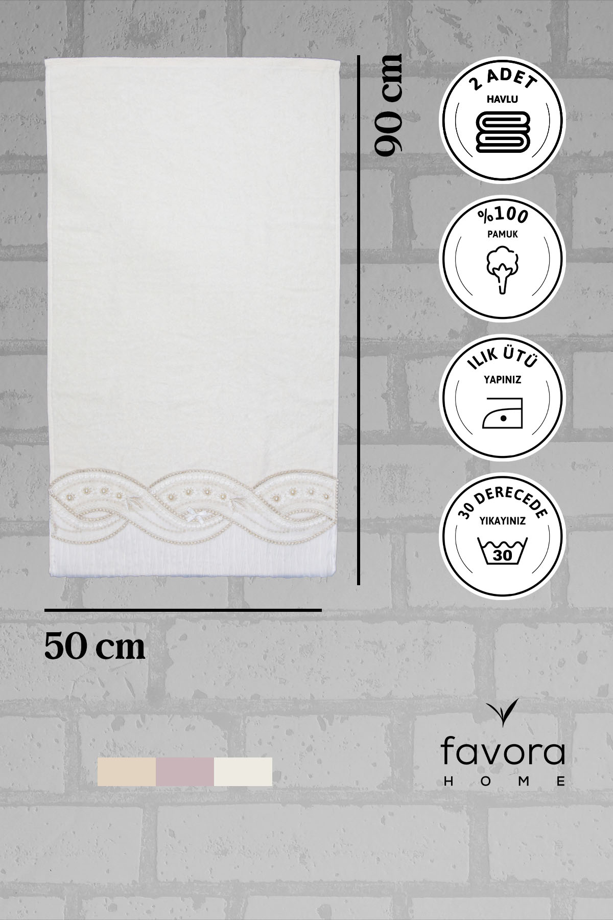 %100 Pamuk Fiyonk Güpürlü Çeyizlik 2'li Havlu 50x90 - Krem