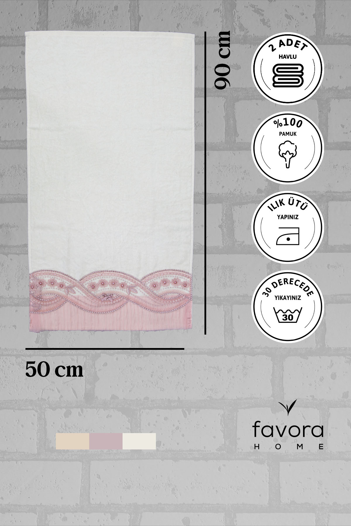 %100 Pamuk Fiyonk Güpürlü Çeyizlik 2'li Havlu 50x90 - Pudra