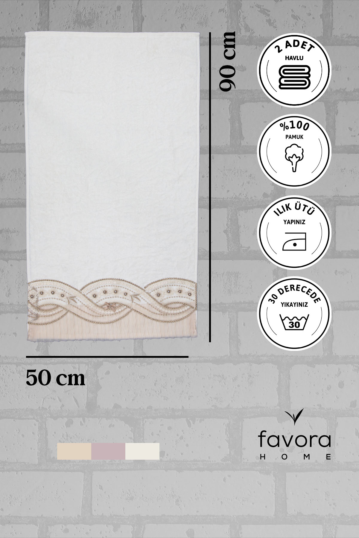 %100 Pamuk Fiyonk Güpürlü Çeyizlik 2'li Havlu 50x90 - Vizon
