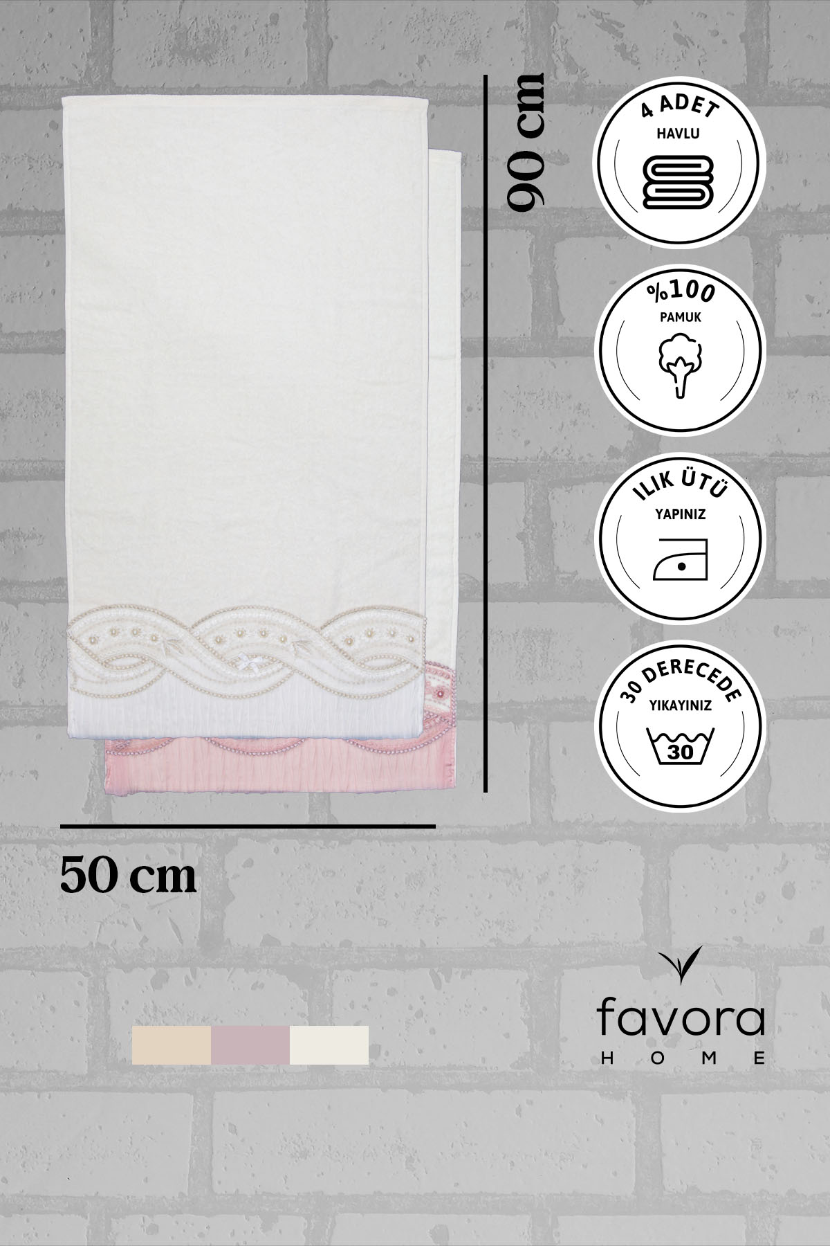 %100 Pamuk Fiyonk Güpürlü Çeyizlik 4'lü Havlu 50x90 - Krem - Pudra