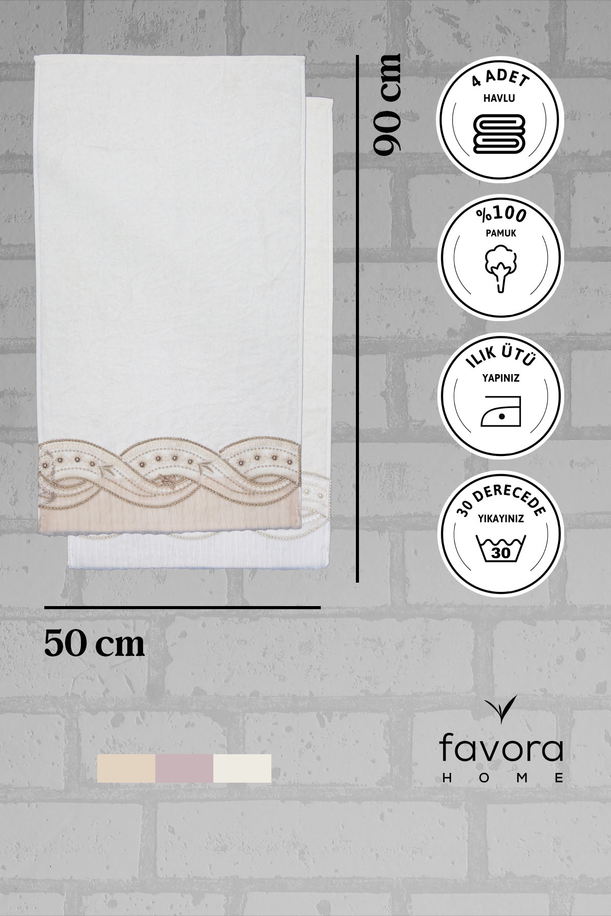 %100 Pamuk Fiyonk Güpürlü Çeyizlik 4'lü Havlu 50x90 - Krem - Vizon