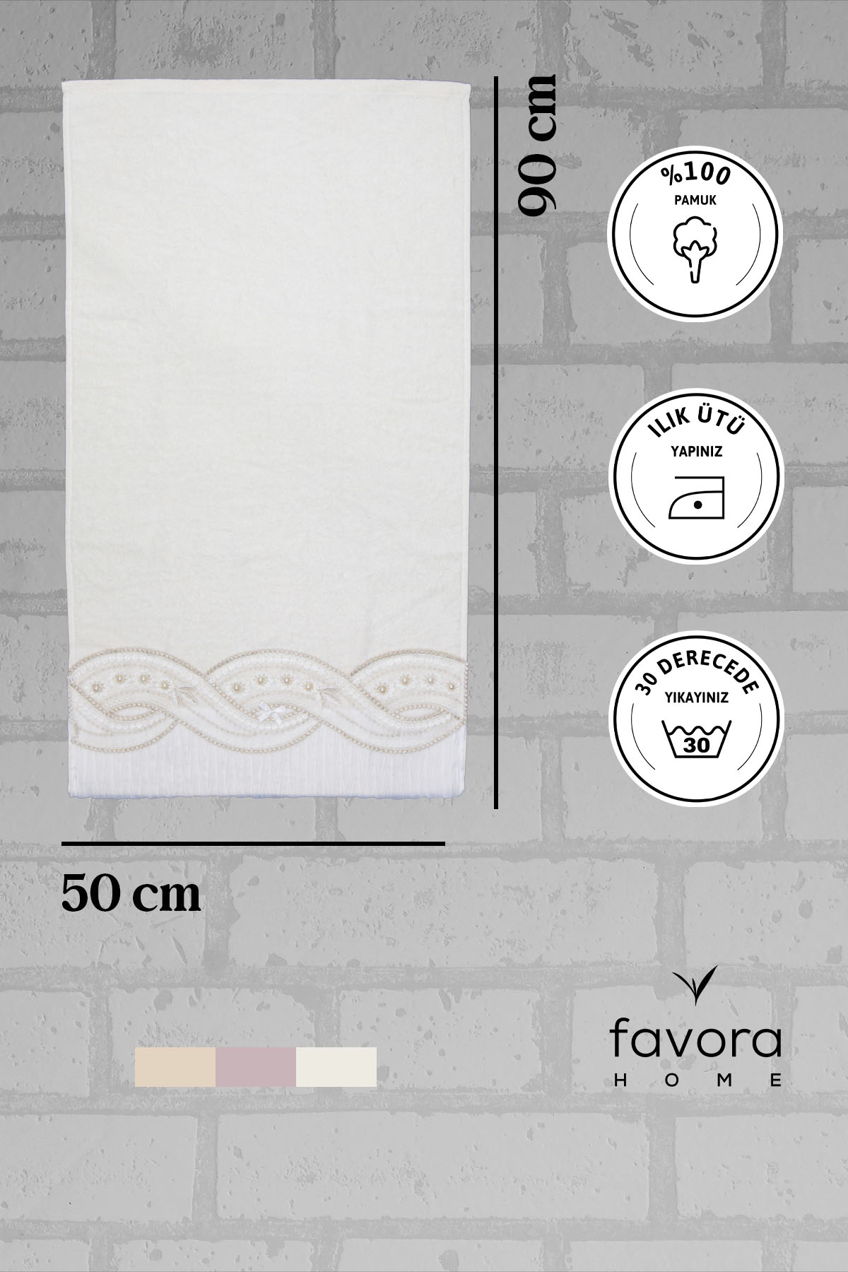 %100 Pamuk Fiyonk Güpürlü Çeyizlik Havlu 50x90 - Krem