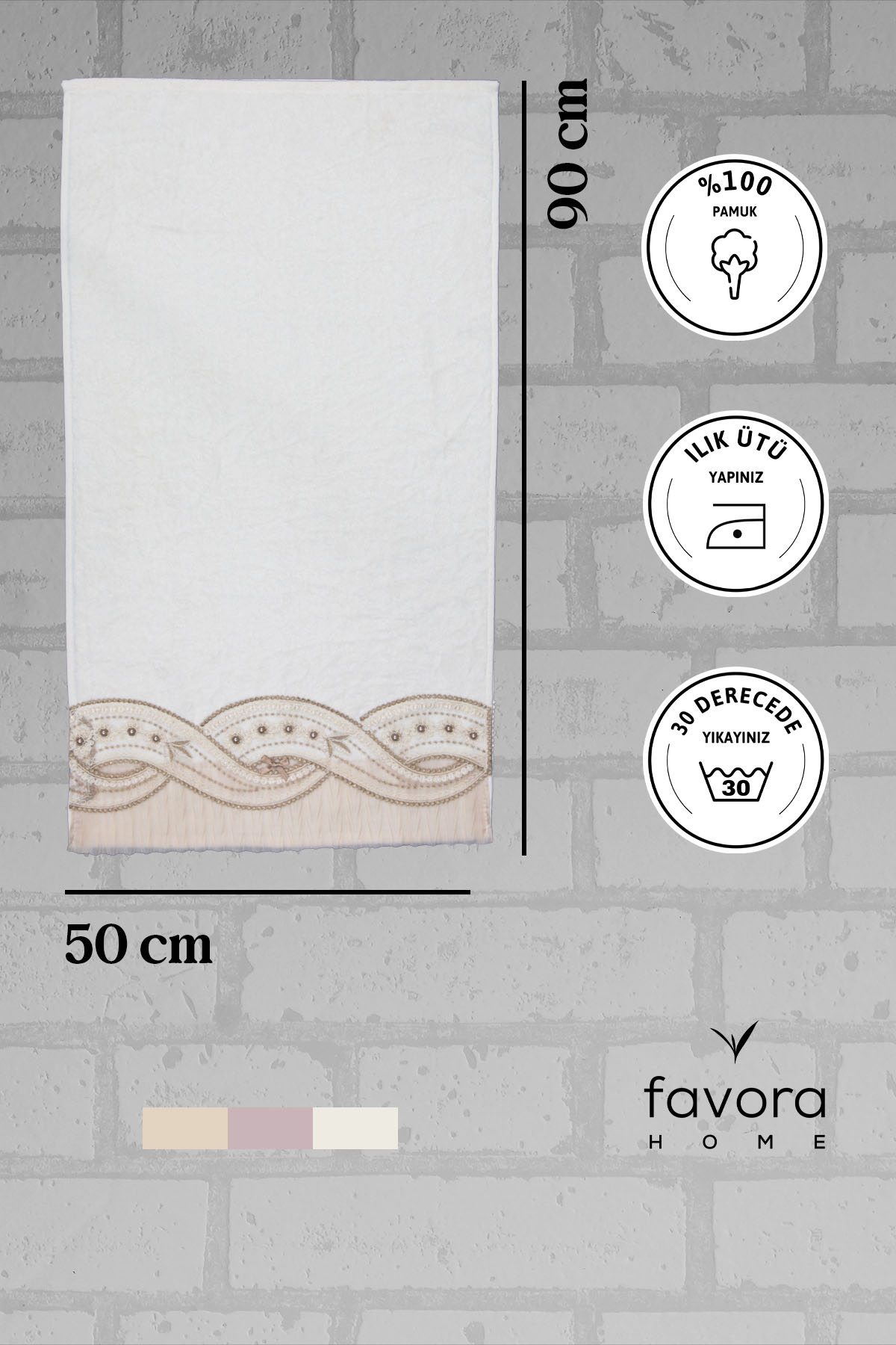 %100 Pamuk Fiyonk Güpürlü Çeyizlik Havlu 50x90 - Vizon