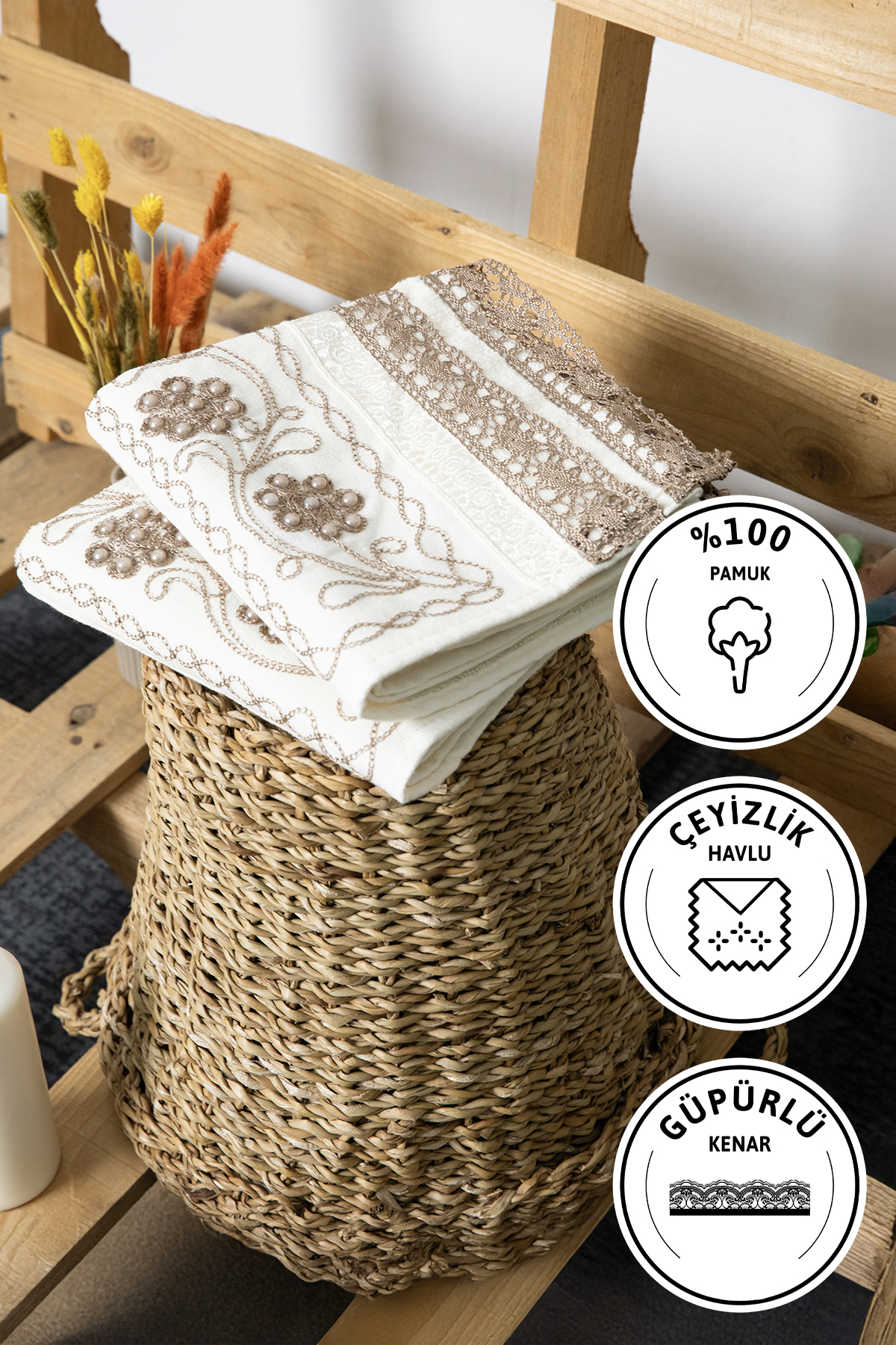 %100 Pamuk Güpürlü Çeyizlik 2li Havlu 50x90 - Kahve %100 Pamuk Güpürlü Çeyizlik 2li Havlu 50x90 - Kahve