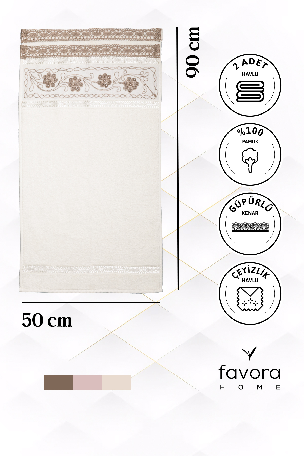 %100 Pamuk Güpürlü Çeyizlik 2'li Havlu 50x90 - Kahve