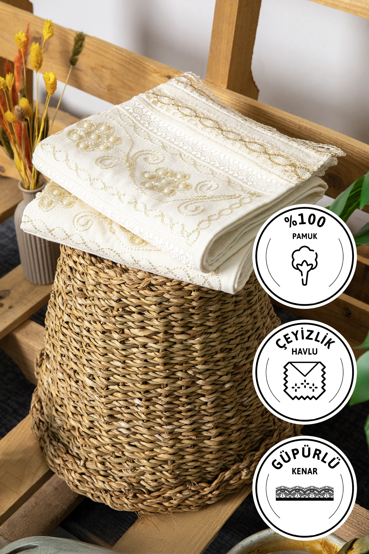 %100 Pamuk Güpürlü Çeyizlik 2li Havlu 50x90 - Krem %100 Pamuk Güpürlü Çeyizlik 2li Havlu 50x90 - Krem