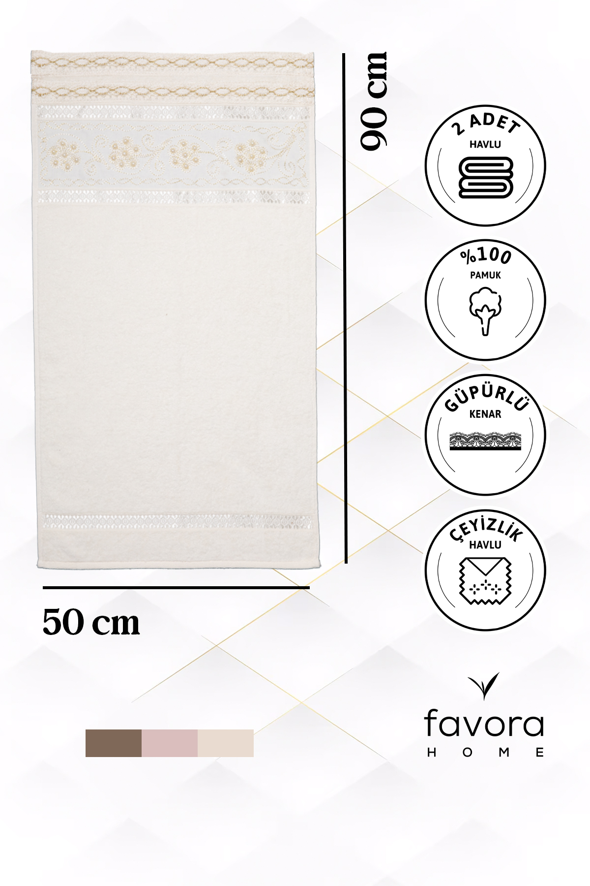 %100 Pamuk Güpürlü Çeyizlik 2'li Havlu 50x90 - Krem