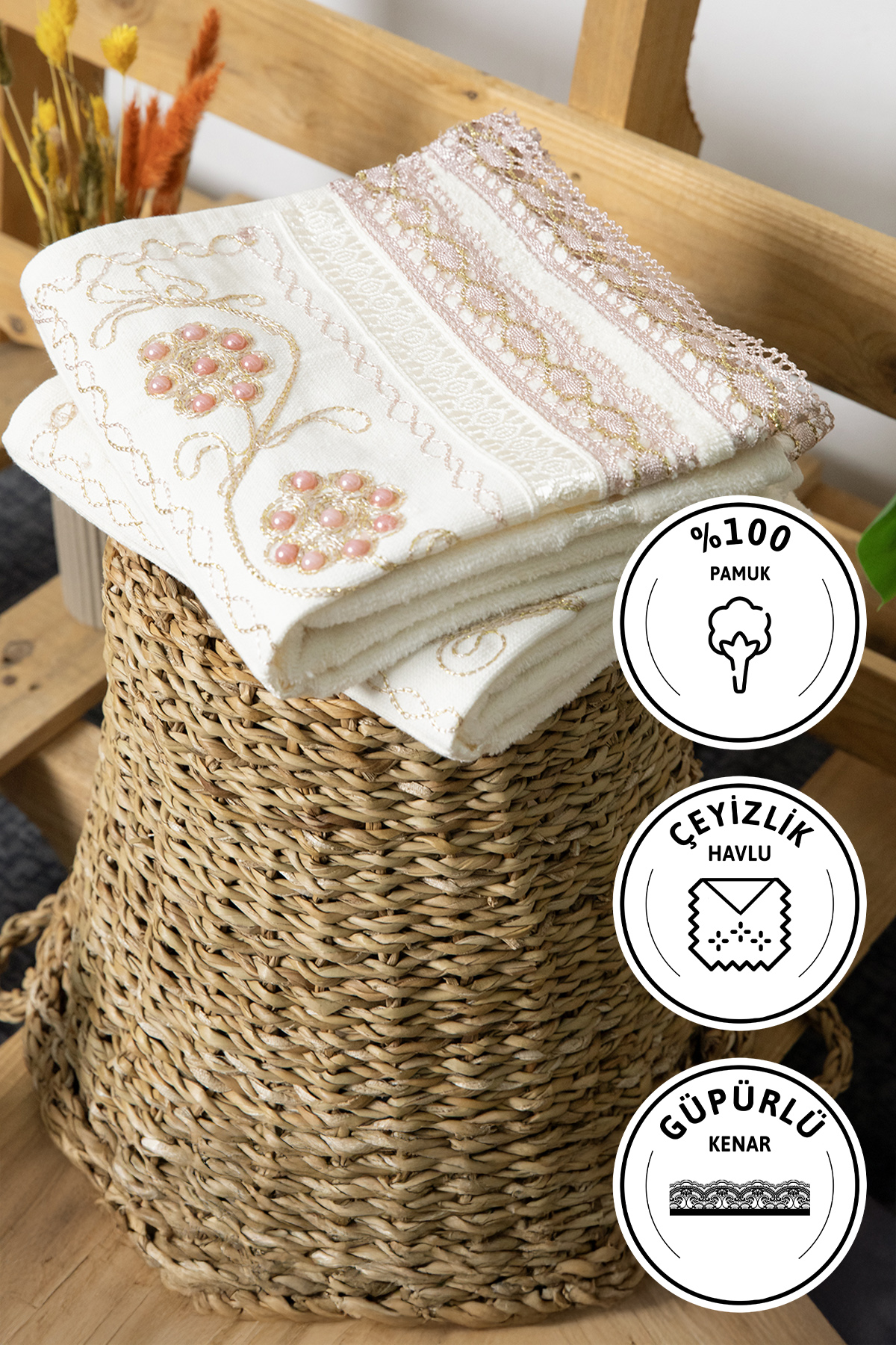 %100 Pamuk Güpürlü Çeyizlik 2li Havlu 50x90 - Pudra %100 Pamuk Güpürlü Çeyizlik 2li Havlu 50x90 - Pudra