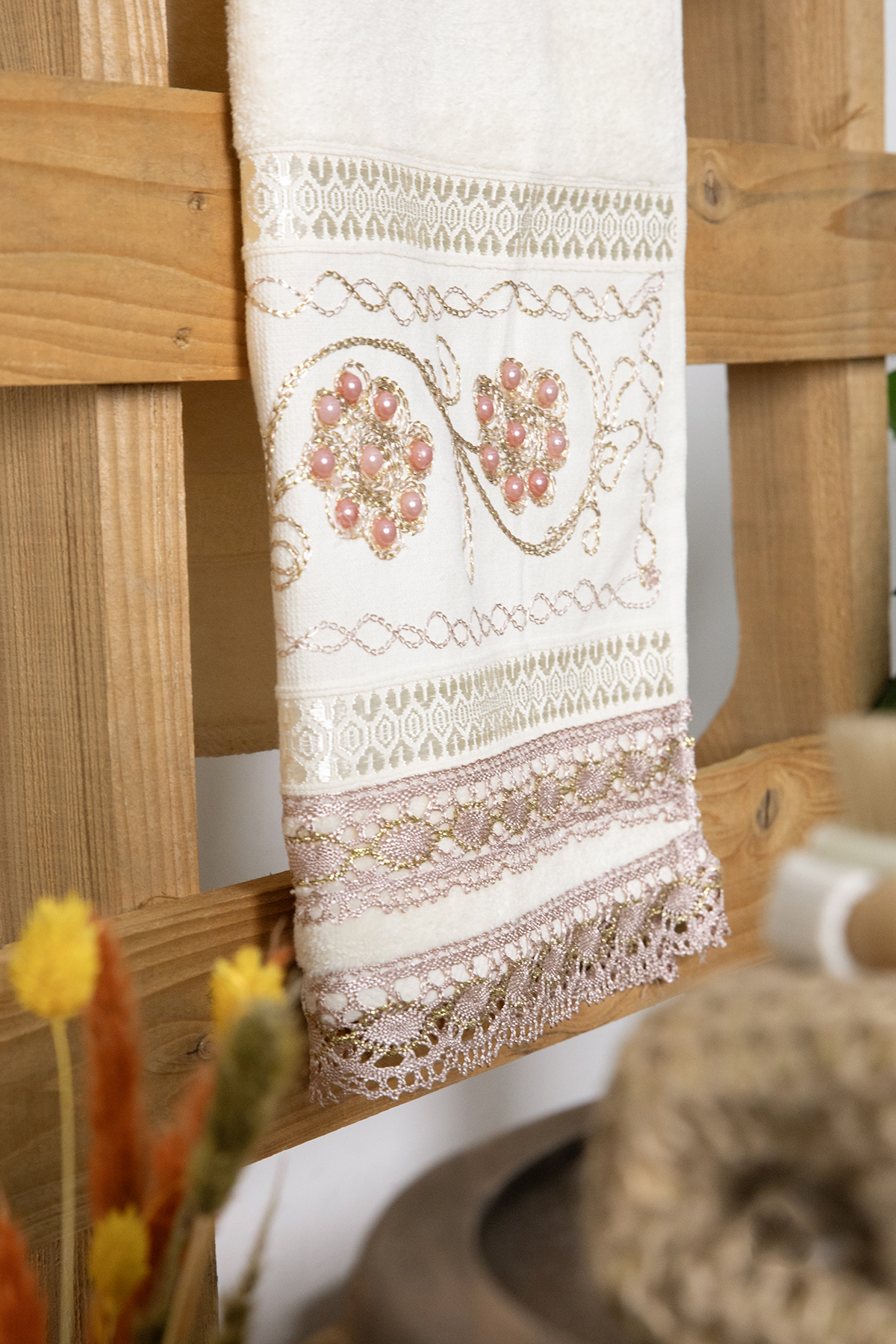 %100 Pamuk Güpürlü Çeyizlik 2li Havlu 50x90 - Pudra %100 Pamuk Güpürlü Çeyizlik 2li Havlu 50x90 - Pudra