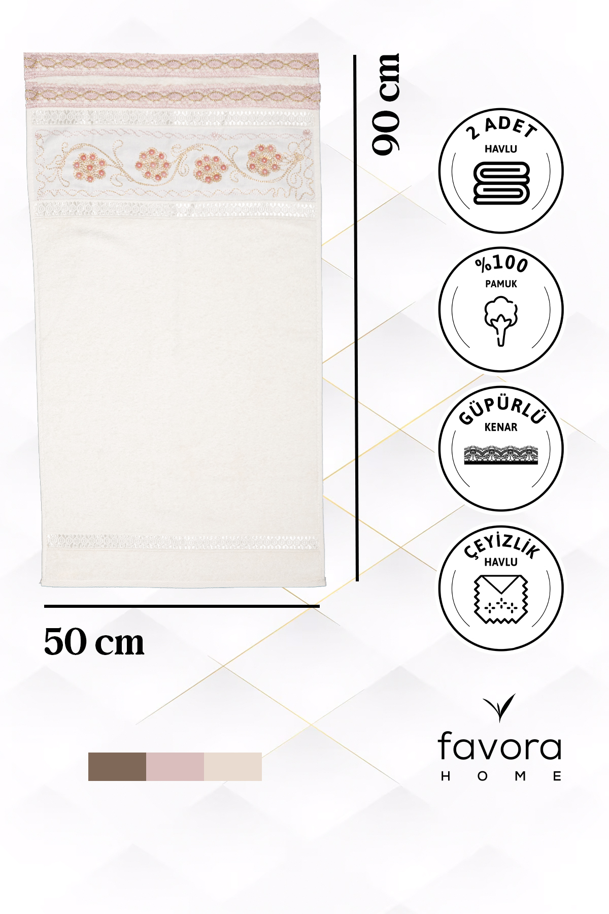 %100 Pamuk Güpürlü Çeyizlik 2'li Havlu 50x90 - Pudra