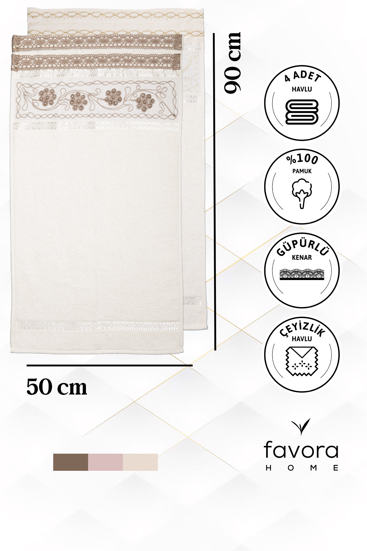 %100 Pamuk Güpürlü Çeyizlik 4'lü Havlu 50x90 - Krem - Kahve
