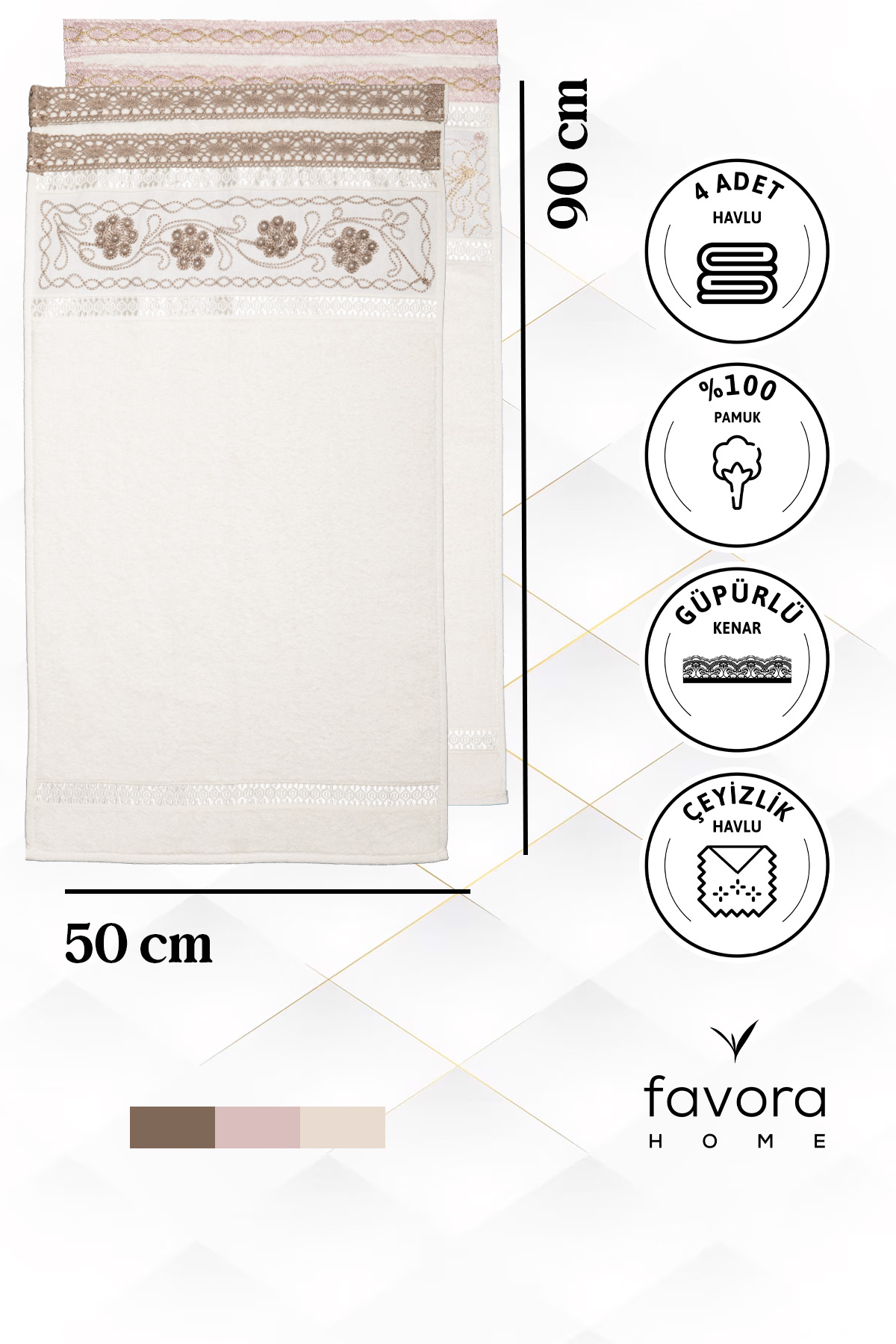 %100 Pamuk Güpürlü Çeyizlik 4'lü Havlu 50x90 - Pudra - Kahve