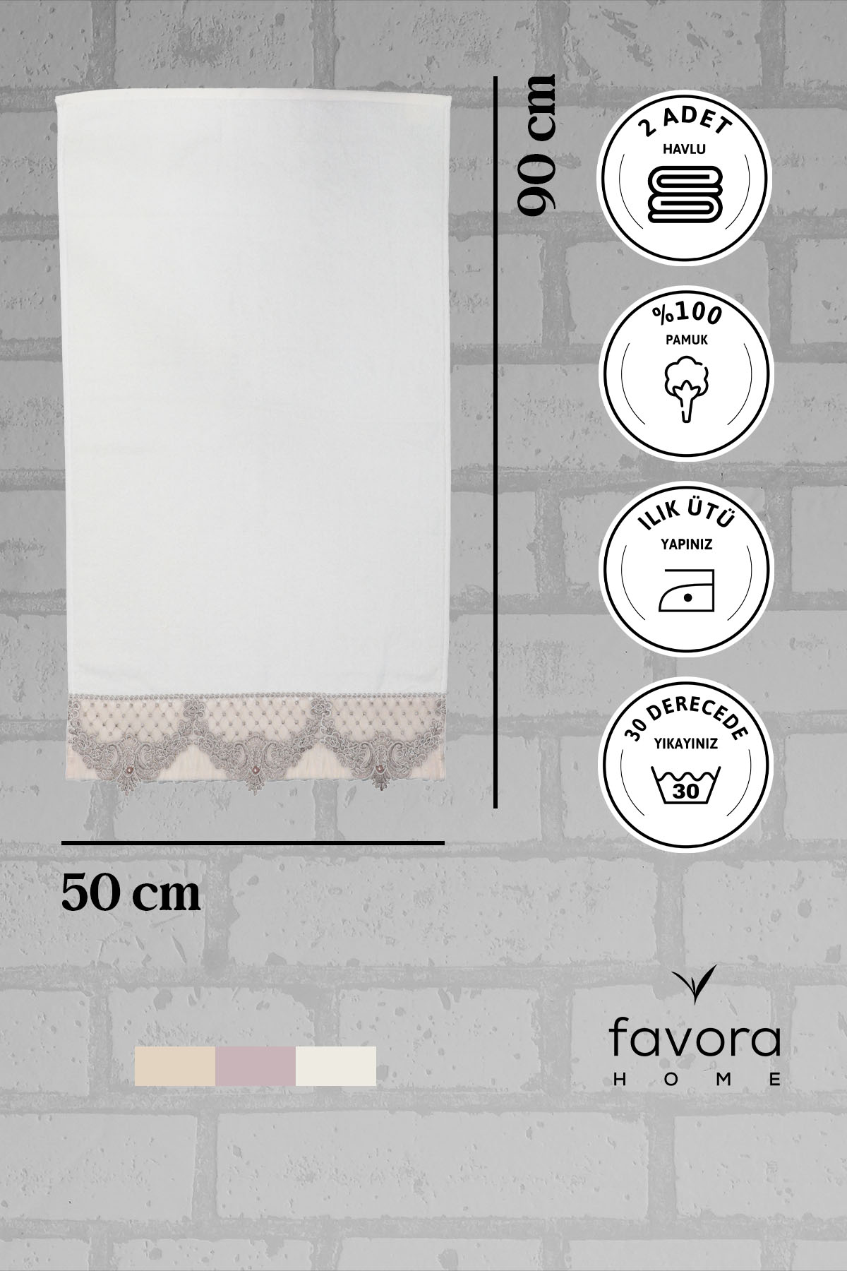 %100 Pamuk İnci Güpürlü Çeyizlik 2'li Havlu 50x90 - Krem
