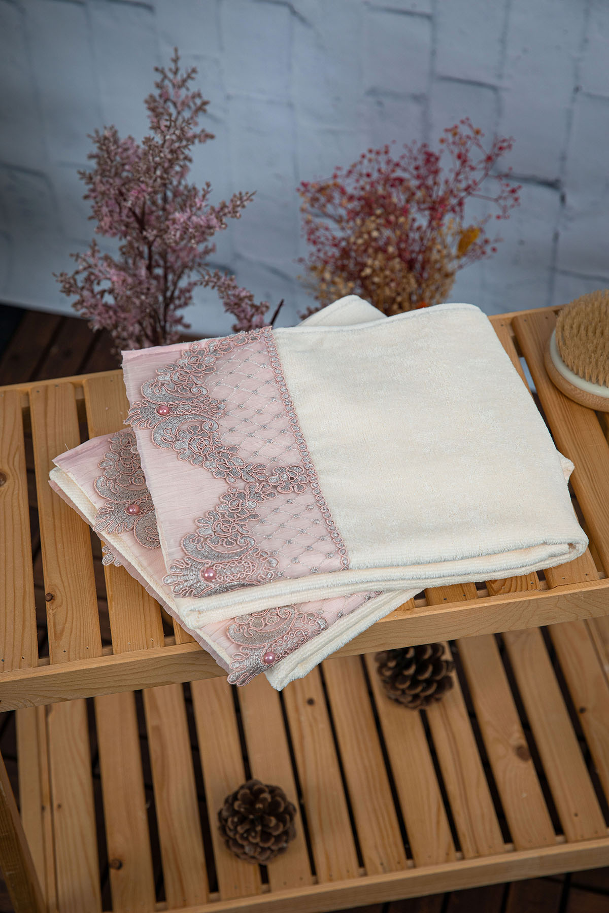 %100 Pamuk İnci Güpürlü Çeyizlik 2li Havlu 50x90 - Pudra %100 Pamuk İnci Güpürlü Çeyizlik 2li Havlu 50x90 - Pudra