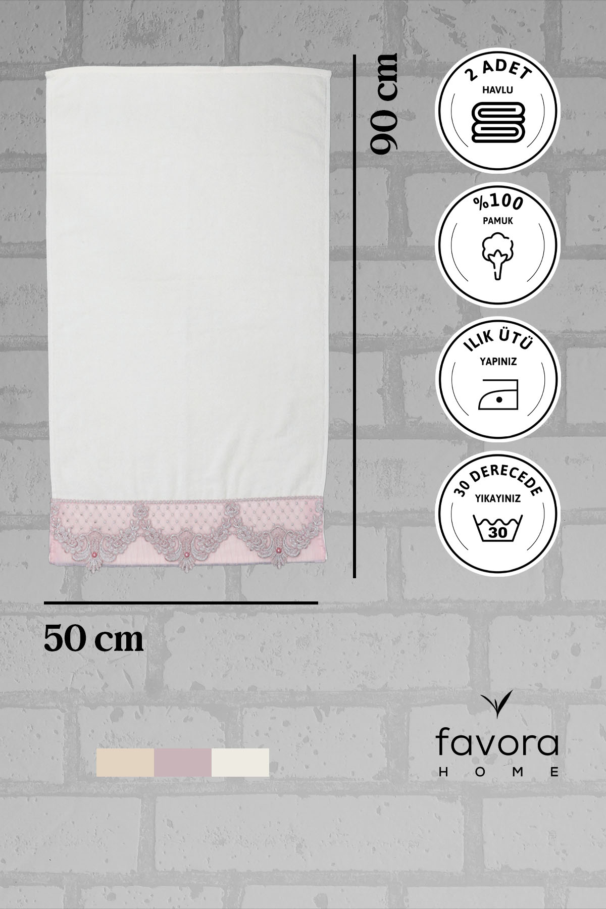 %100 Pamuk İnci Güpürlü Çeyizlik 2'li Havlu 50x90 - Pudra