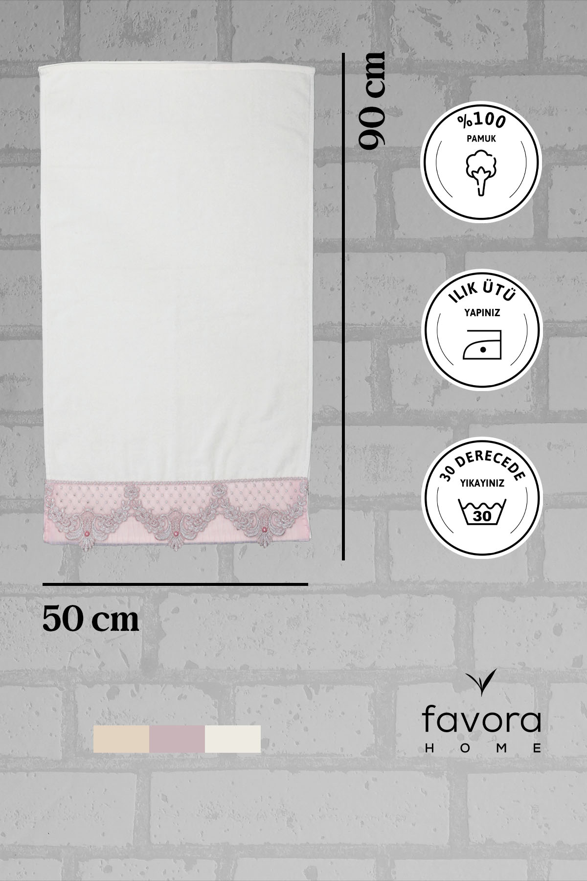 %100 Pamuk İnci Güpürlü Çeyizlik Havlu 50x90 - Pudra