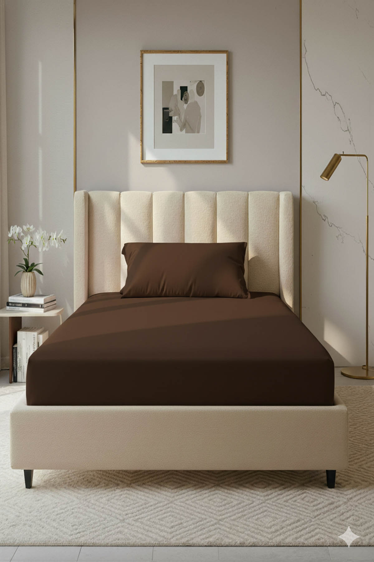 %100 Pamuk Ranforce Premium Tek Kişilik Lastikli Çarşaf Seti - Kahverengi