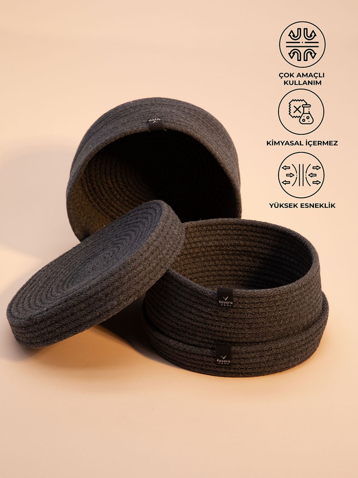 2li Jüt Halat Hasır Kapaklı Dekoratif Sepet - Antrasit 2li Jüt Halat Hasır Kapaklı Dekoratif Sepet - Antrasit