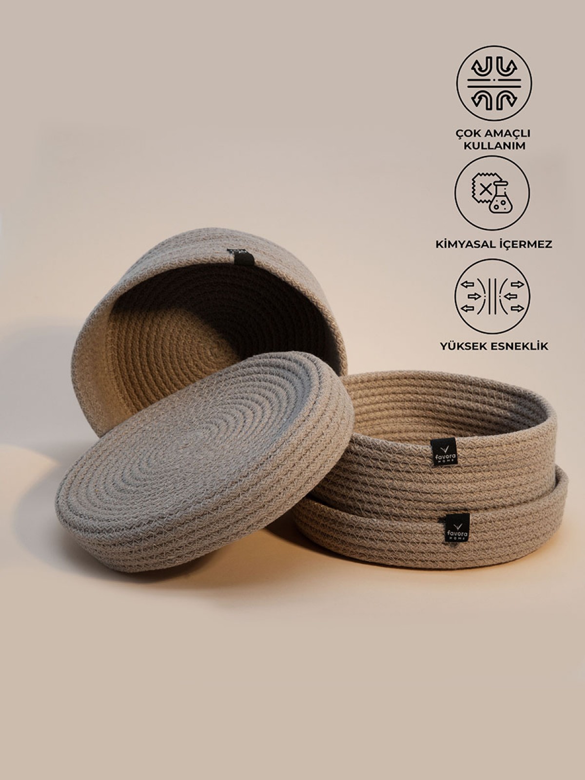 2li Jüt Halat Hasır Kapaklı Dekoratif Sepet - Bej 2li Jüt Halat Hasır Kapaklı Dekoratif Sepet - Bej