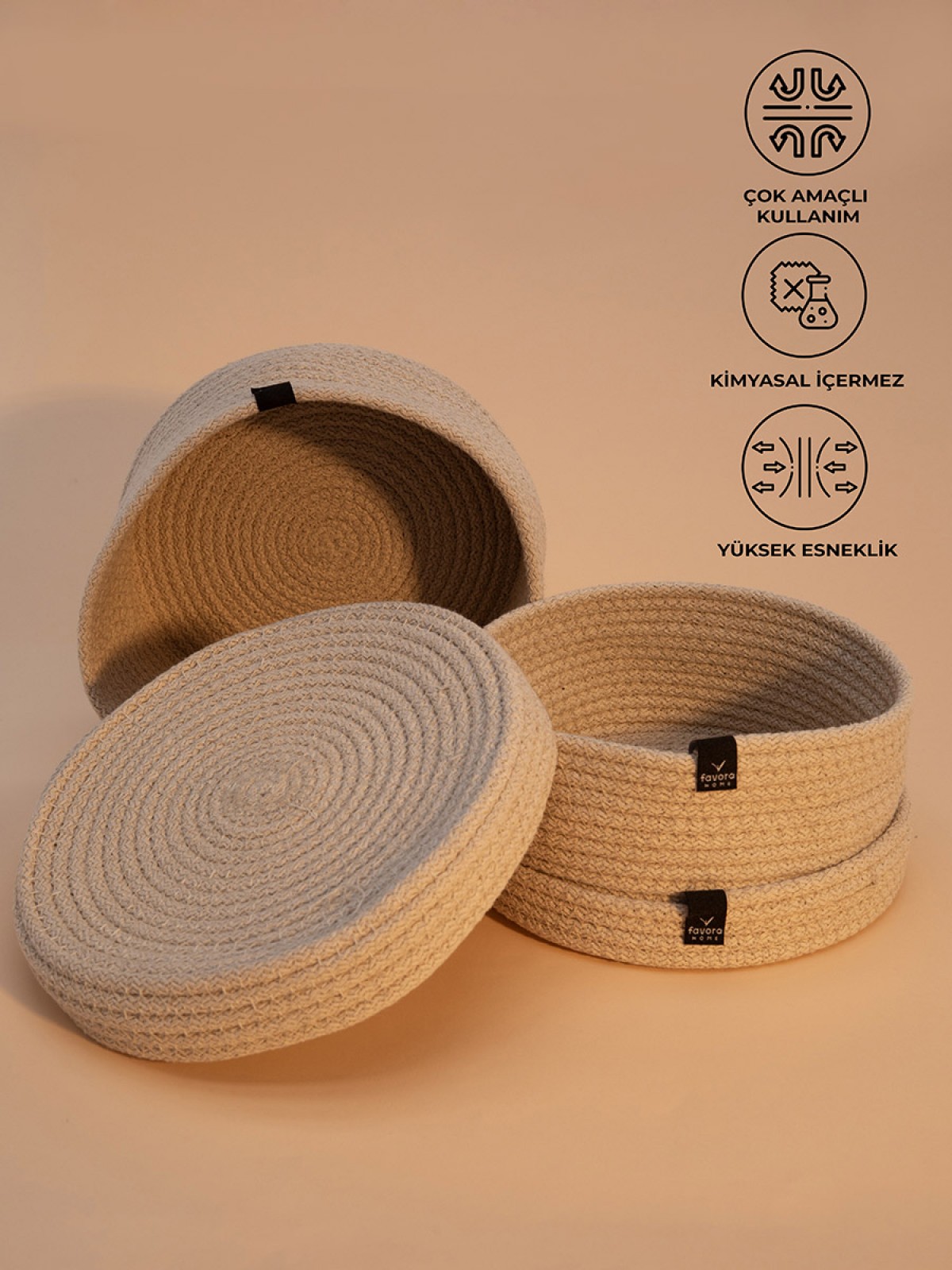 2li Jüt Halat Hasır Kapaklı Dekoratif Sepet - Krem 2li Jüt Halat Hasır Kapaklı Dekoratif Sepet - Krem