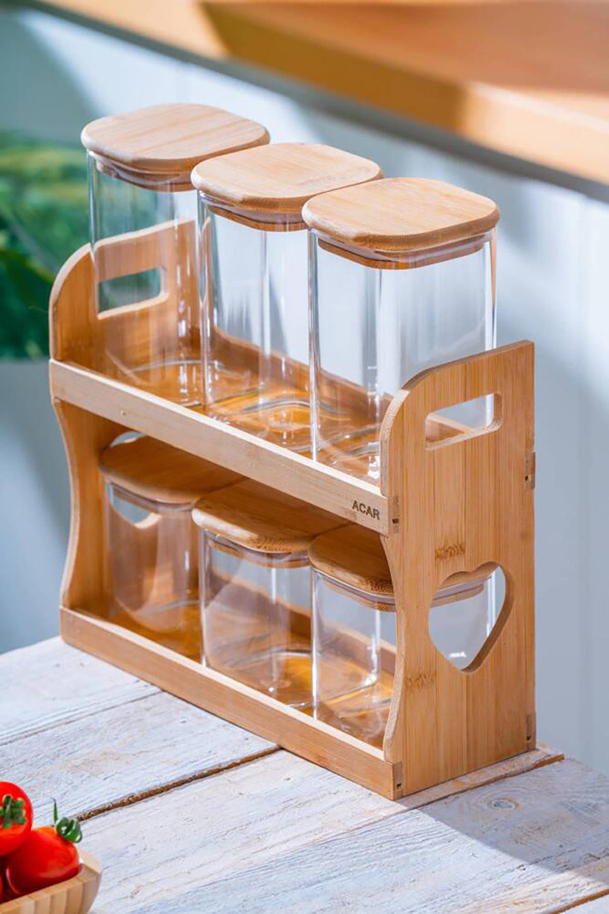Acar Malibu Bambu Katlı Standlı 6 lı Borosilikat Cam Baharatlık Seti LND-07580