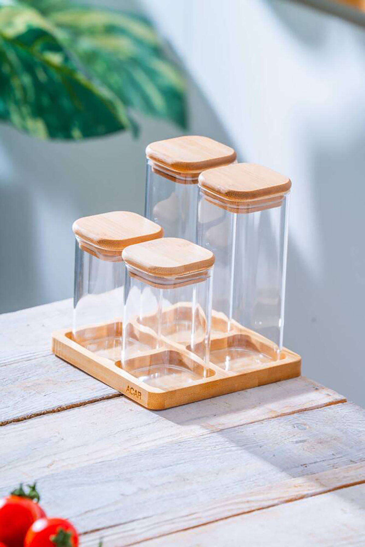 Acar Malibu Bambu Standlı 4 lü Cam Baharatlık Seti LND-07561