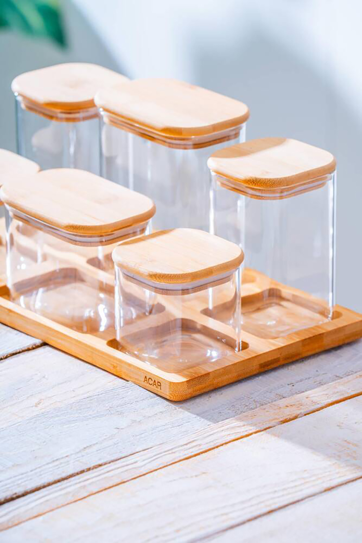 Acar Malibu Bambu Standlı 6 lı Borosilikat Cam Baharatlık Seti LND-07585