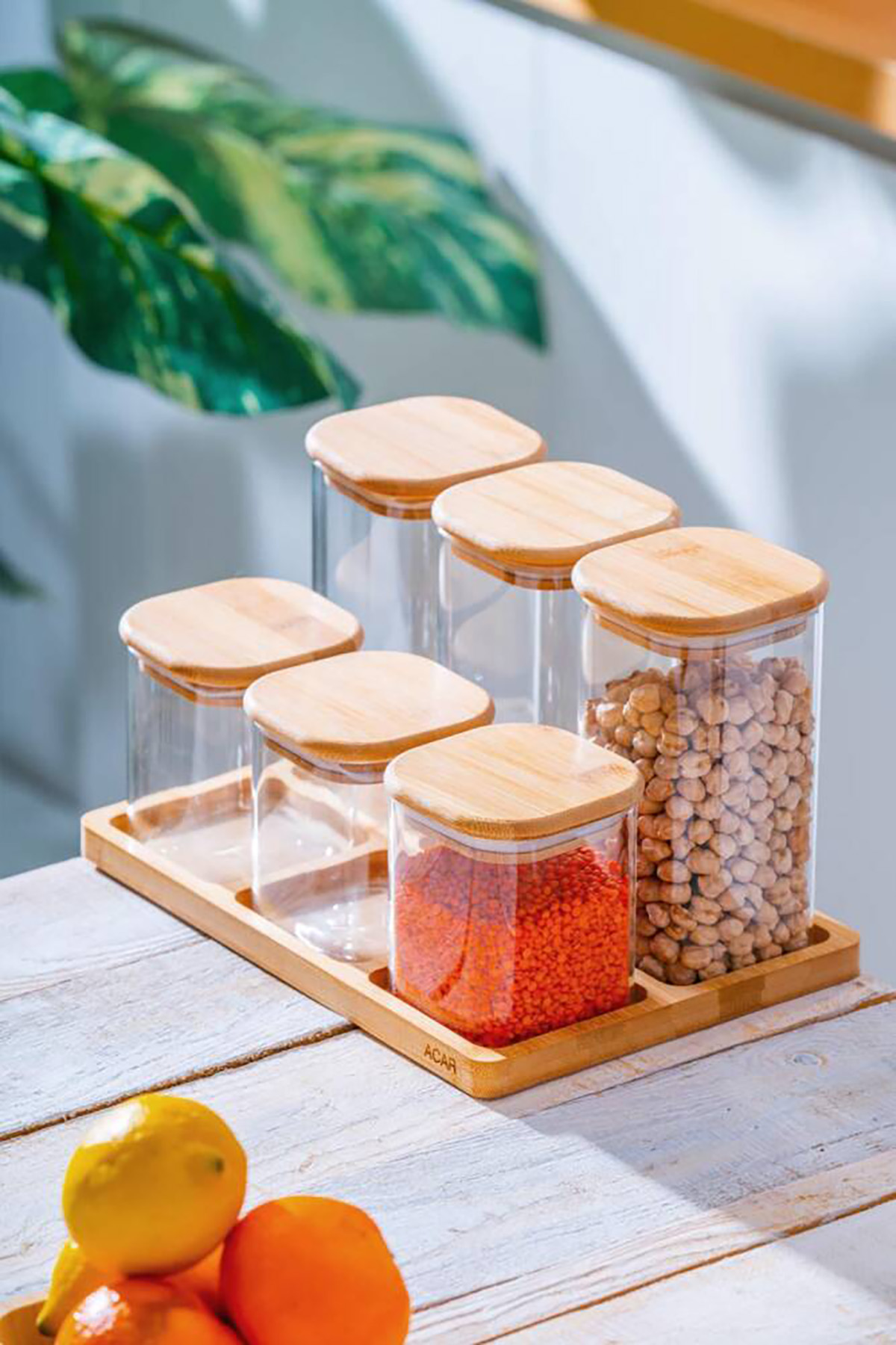 Acar Malibu Bambu Standlı Kare 6 lı Cam Baharatlık Seti LND-07560