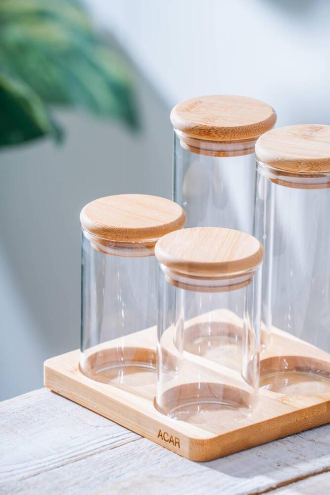 Acar Malibu Bambu Standlı Silindir 4 lü Cam Baharatlık Seti LND-07563