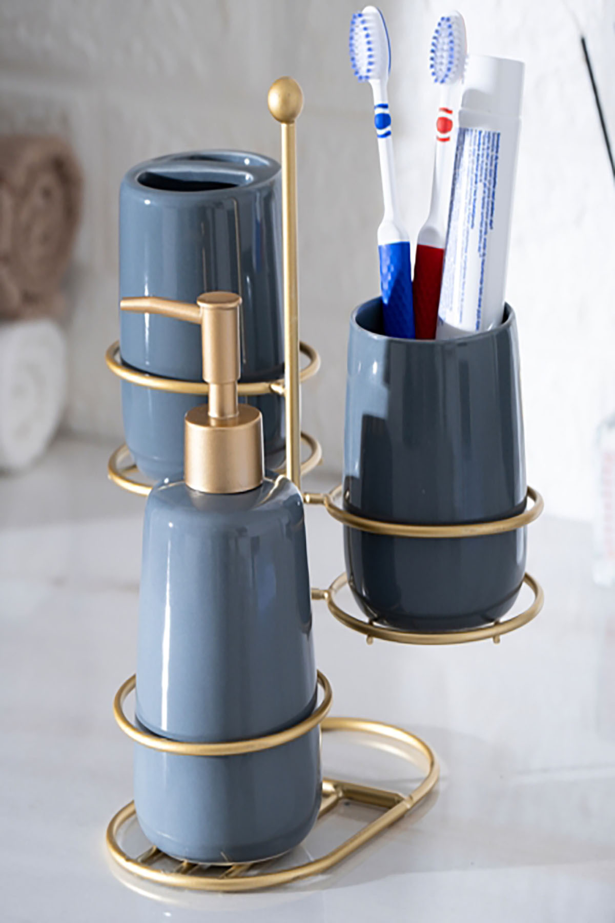 Acar Odeon Armut 3lü Banyo Seti - Gold Mavi BANS-05868