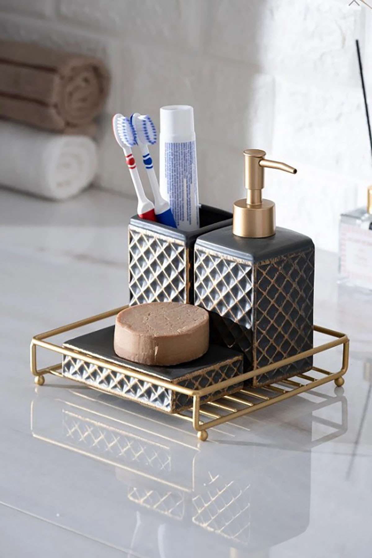 Acar Odeon Kare 3lü Banyo Seti - Gold Siyah BANS-05862