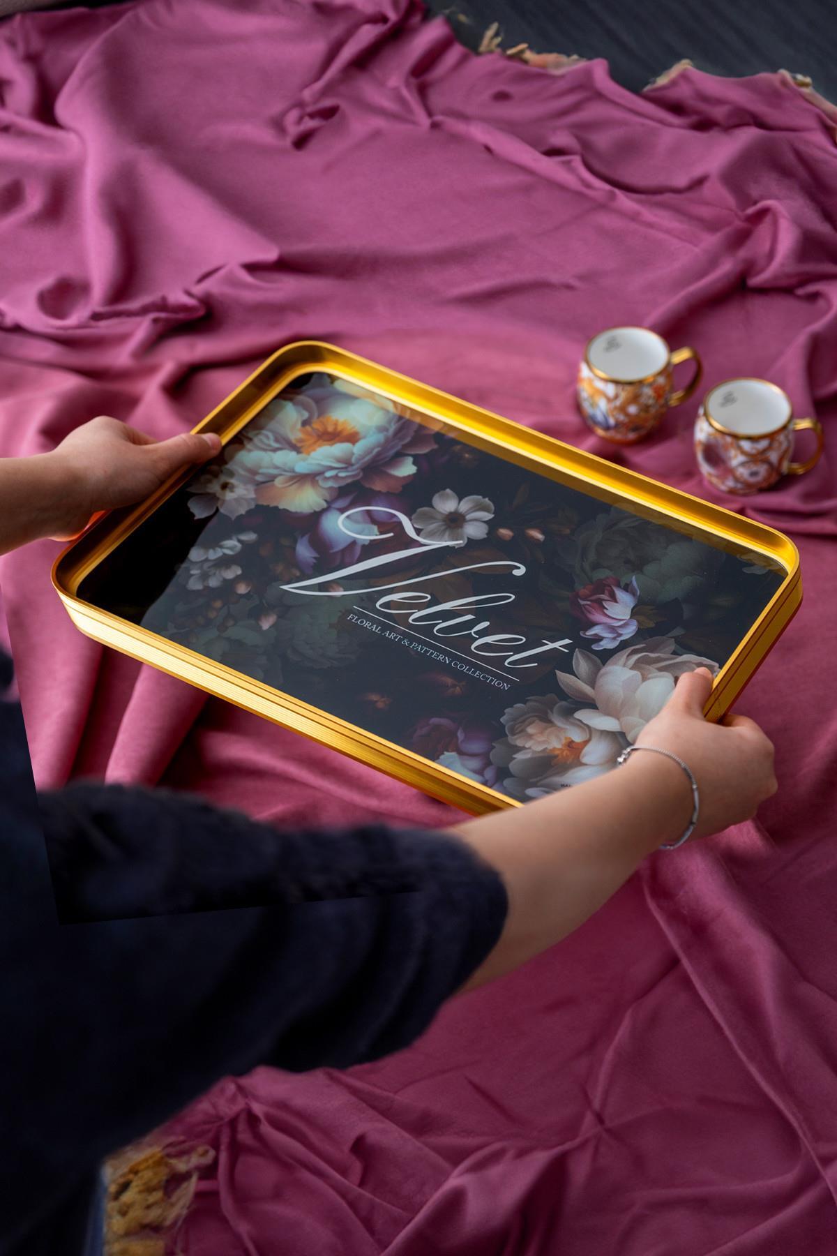 Acar Pars Velvet Milla Cam Tepsi - 39 cm - Gold KOH-05021