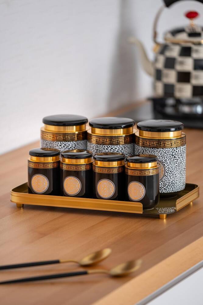 Acar Sonia Suri Leopar Detaylı 8 Parça Cam Tepsili Kavanoz Seti KOH-05015