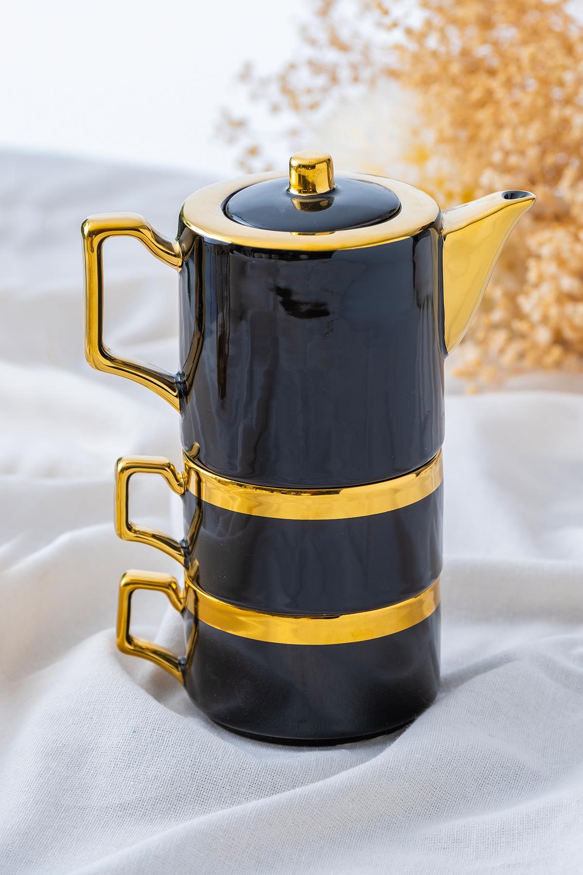 Acar Stella Porselen 2 Kişilik Demlik Fincan Seti - Siyah PORJ-05214