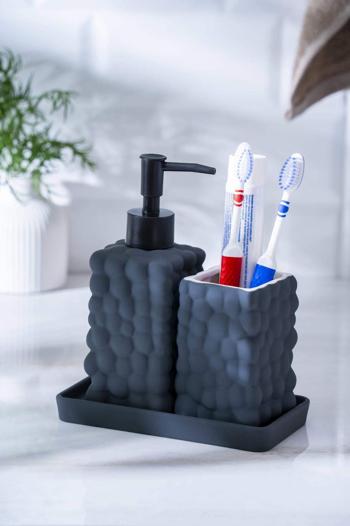 Acar Vega 3 Parça Sıvı Sabunluk Ve Diş Fırçalık Seti 18 cm - Siyah SABJ-06989