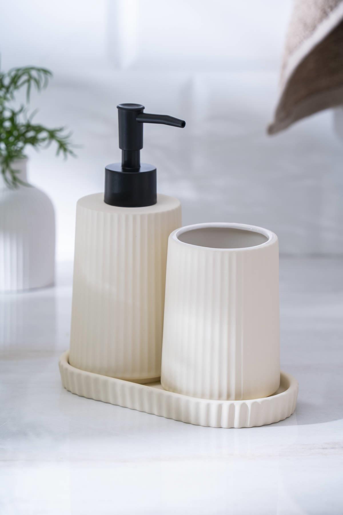 Acar Vega Yuvarlak 3 Parça Sıvı Sabunluk Ve Diş Fırçalık Seti 18 cm -Krem SABJ-06988