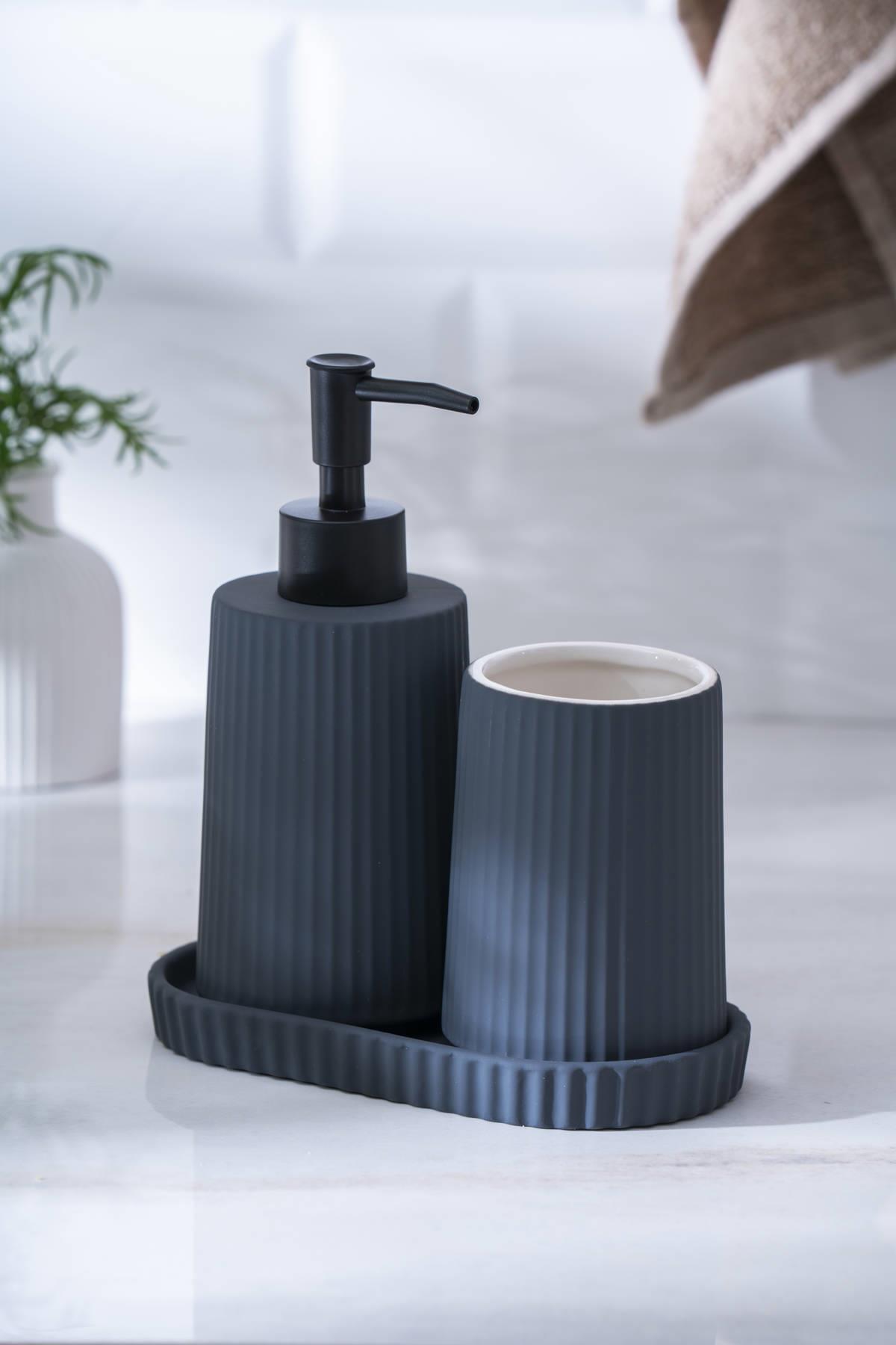 Acar Vega Yuvarlak 3 Parça Sıvı Sabunluk Ve Diş Fırçalık Seti 18 cm - Siyah SABJ-06988