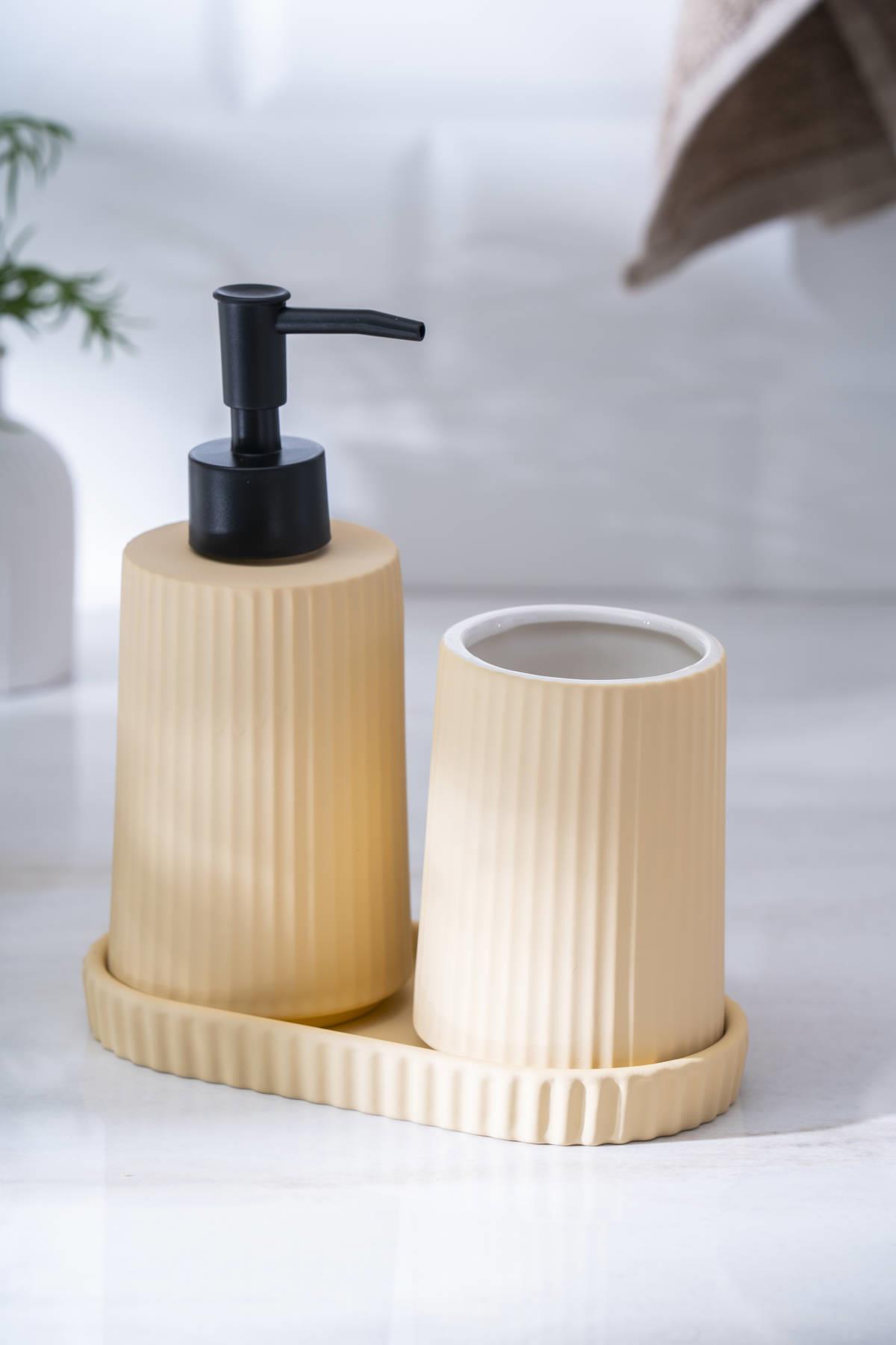 Acar Vega Yuvarlak 3 Parça Sıvı Sabunluk Ve Diş Fırçalık Seti 18 cm - Vizon SABJ-06988