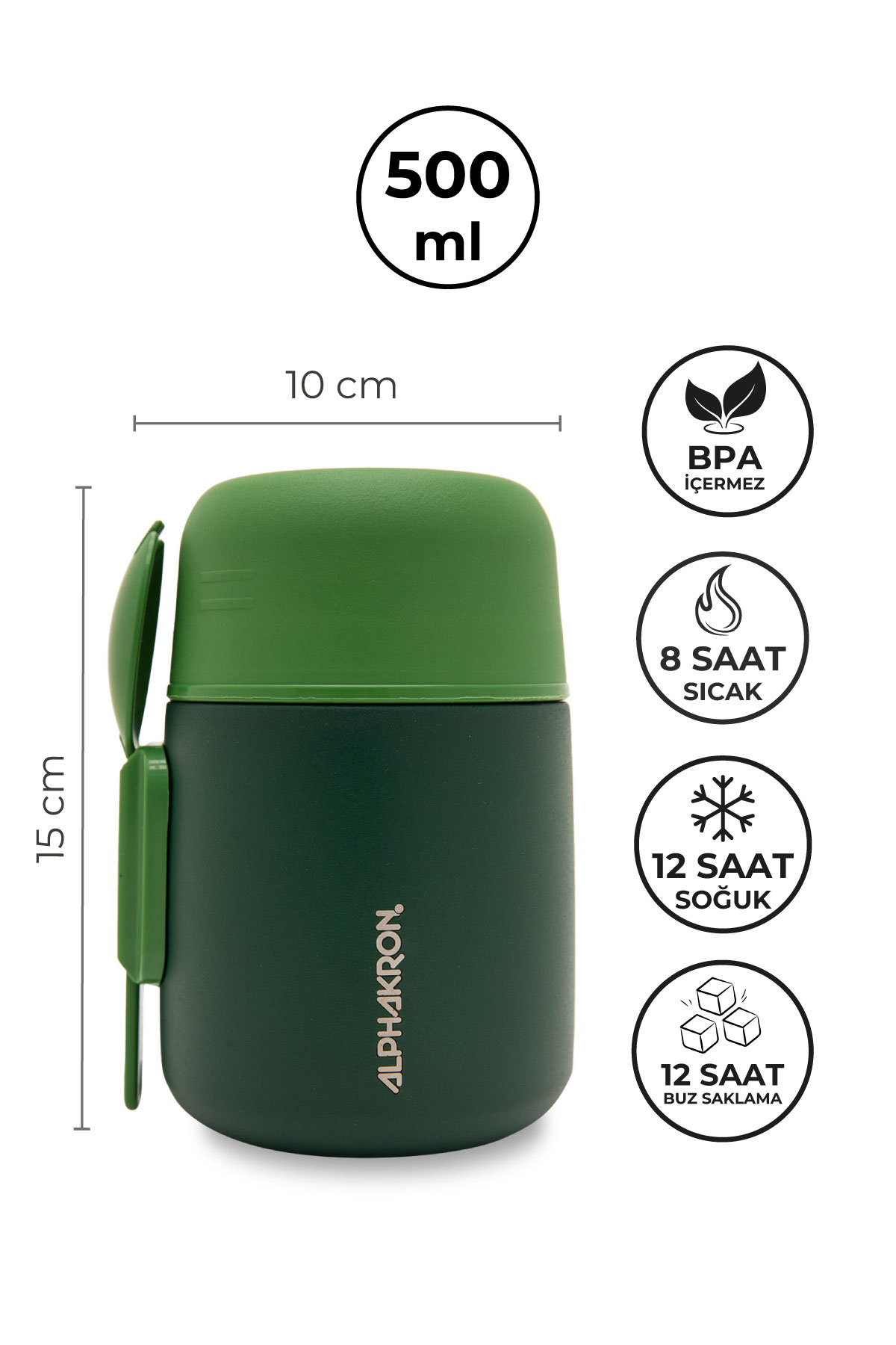 Alphakron Vakumlu Paslanmaz Çelik Yemek Termosu 0.5 lt - Yeşil
