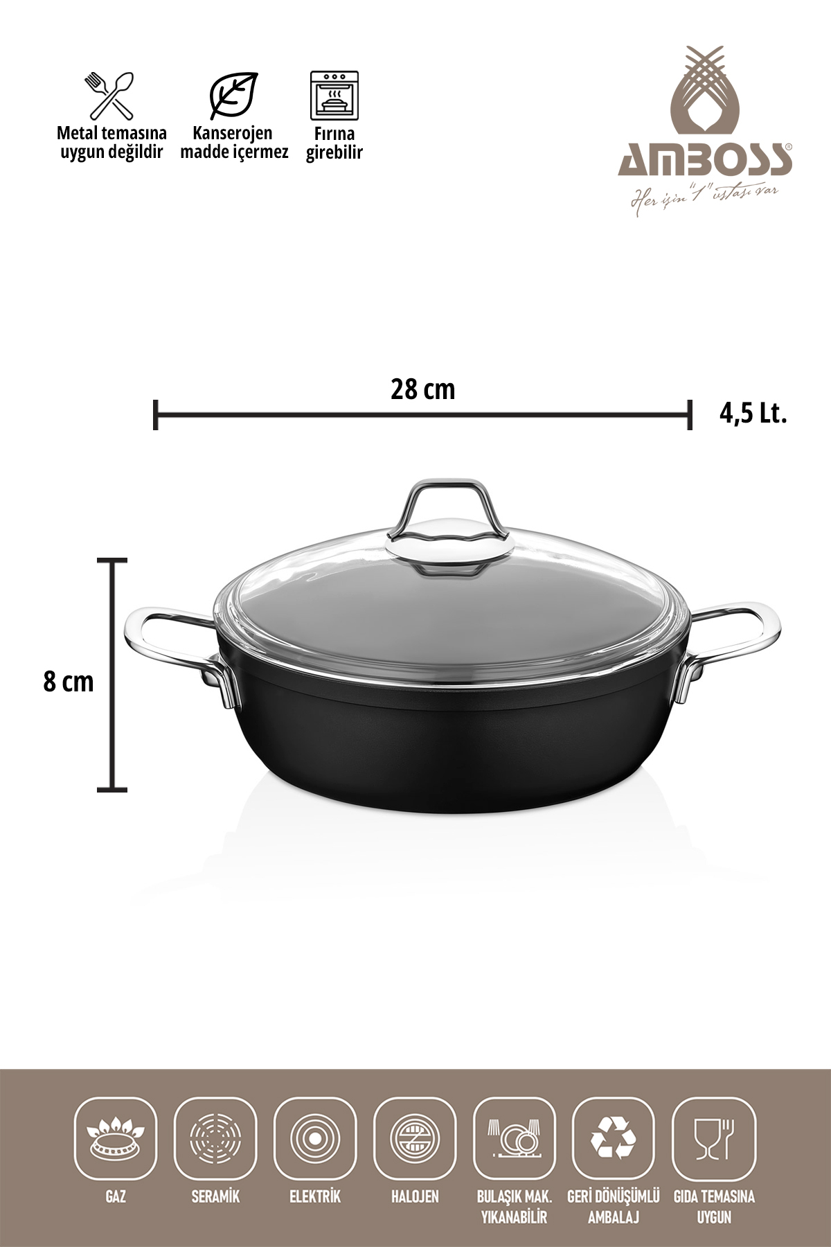 Amboss Dark-1332 Dark Granit Basık Tencere Cam Kapaklı Titanyum Kaplama - 28 Cm