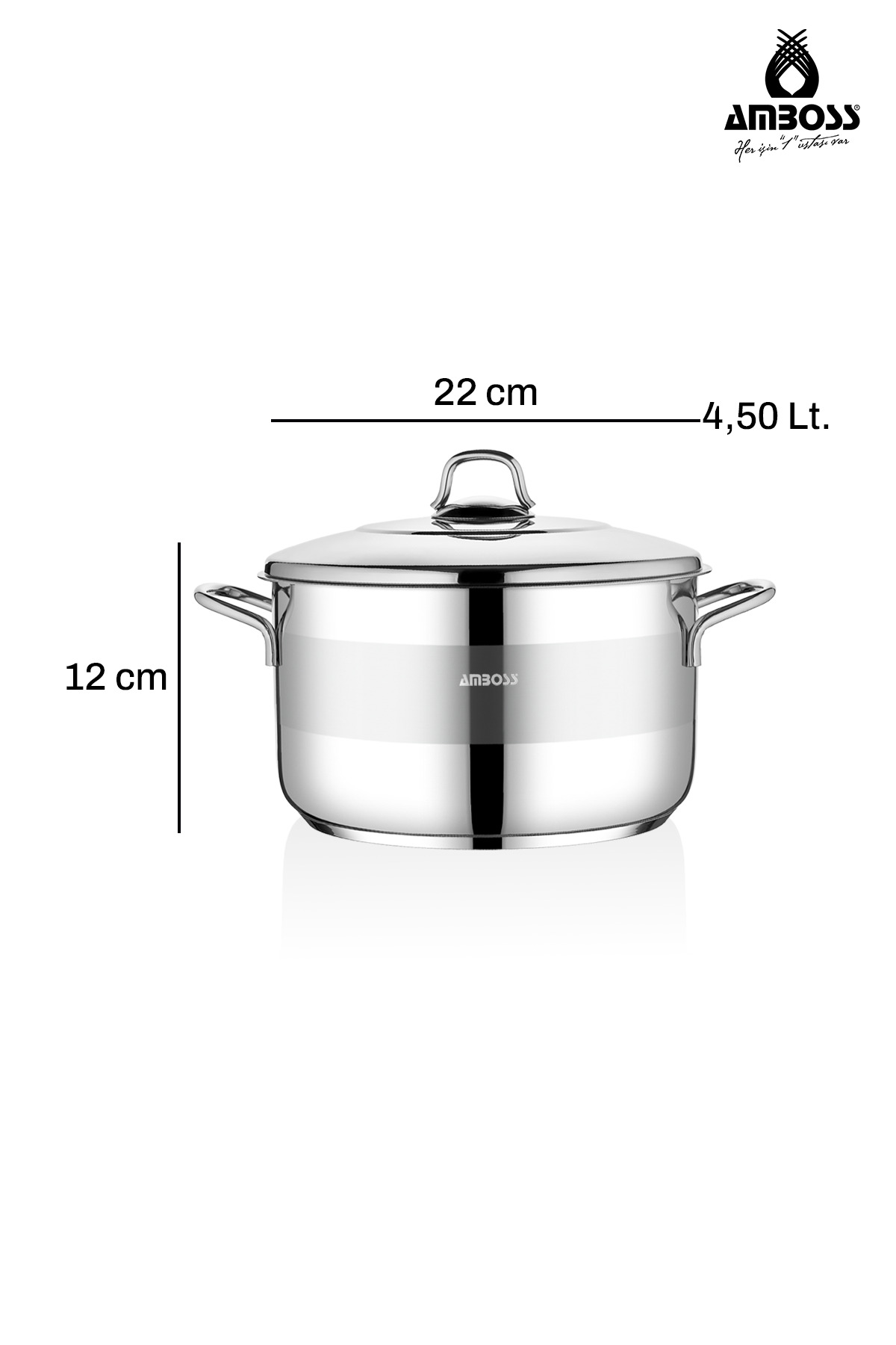 Amboss Saphire 22X12 Cm Derin Tencere Çelik Kapak 4,5 Lt - Gümüş