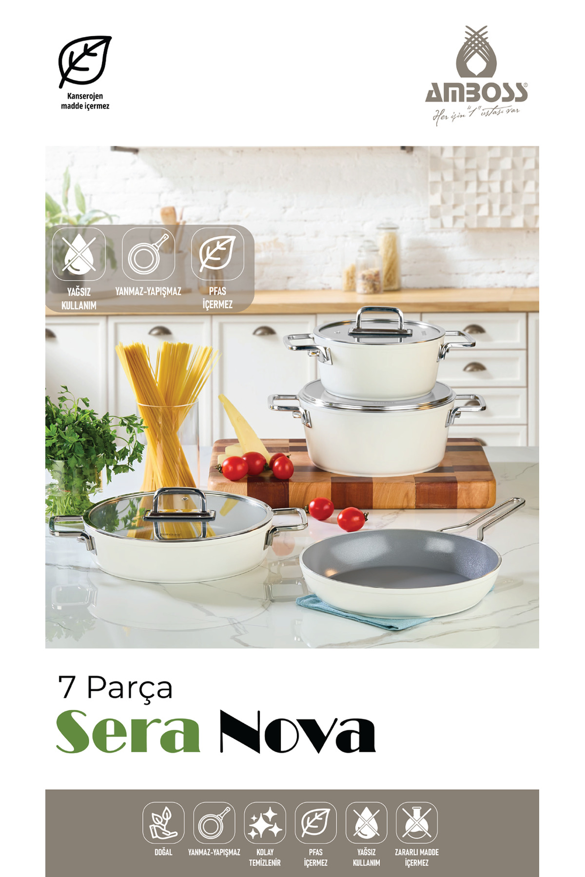 Amboss Sera Nova 7 Parça Seramik Tencere Tava Seti - Beyaz