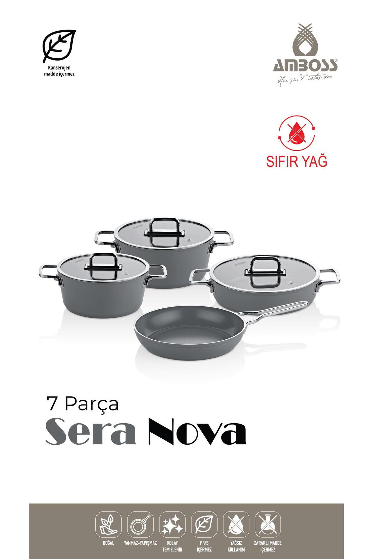 Amboss Sera Nova 7 Parça Seramik Tencere Tava Seti - Gri
