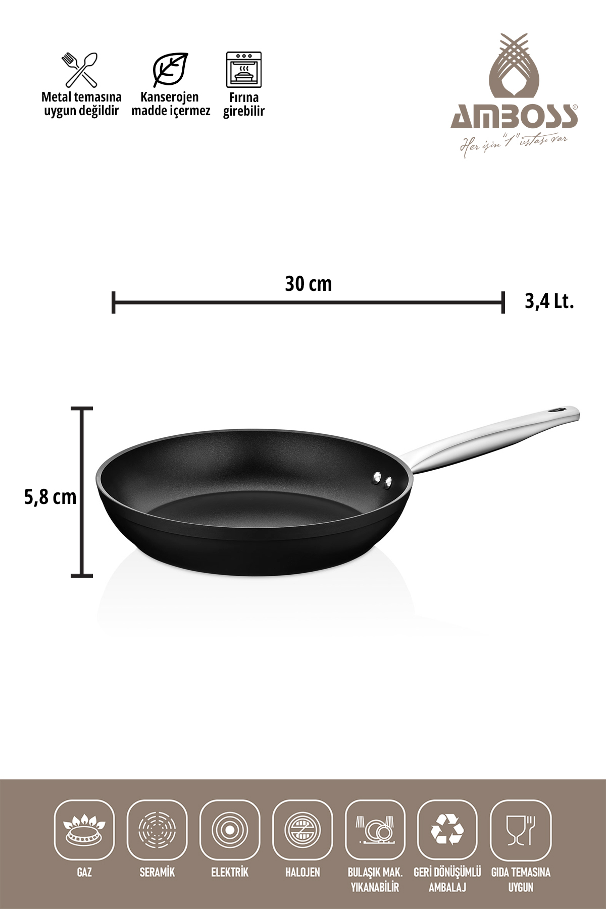 Amboss Dark Granit Tava Yanmaz Yapışmaz Titanyum Kaplama 30 Cm