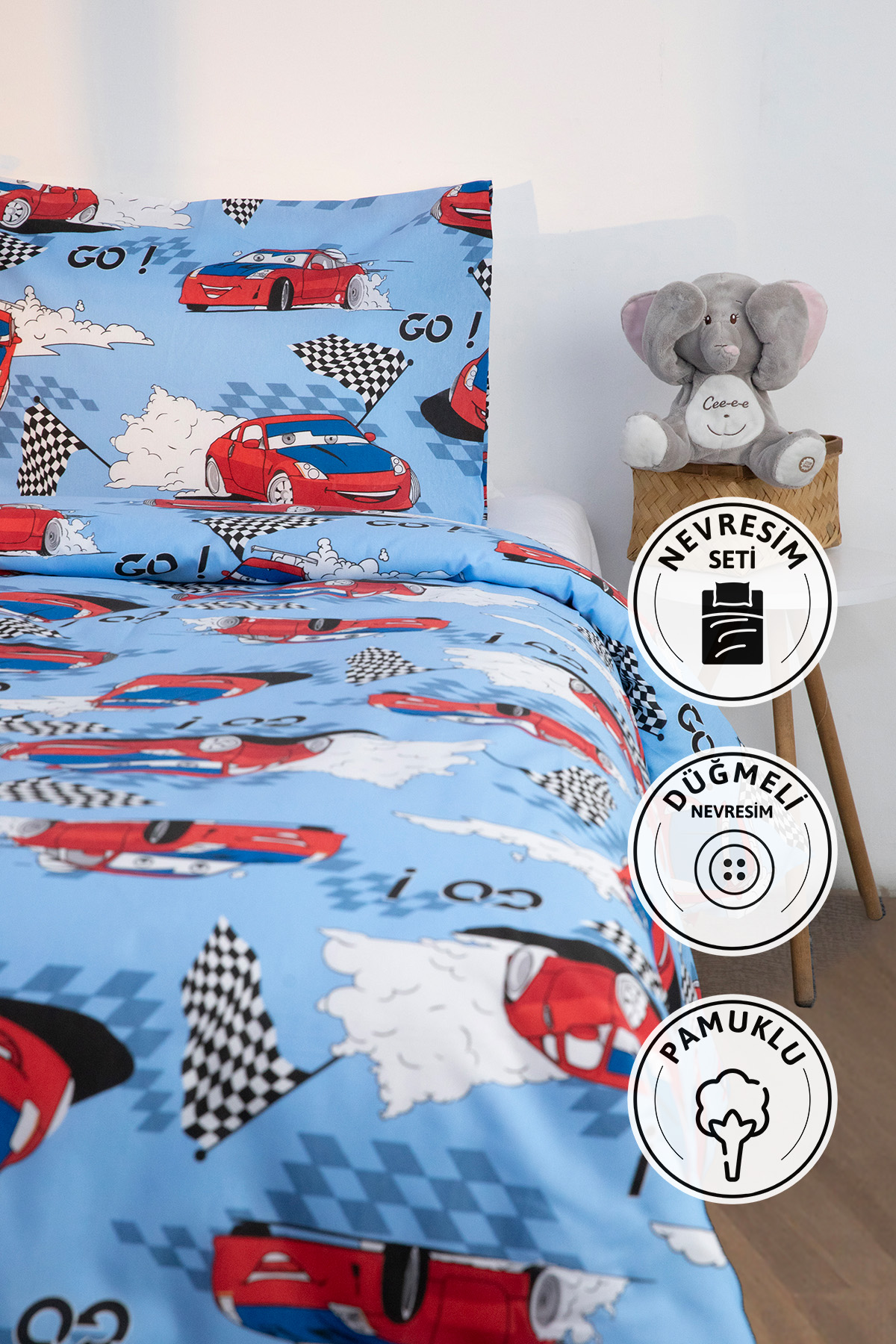 Araba Desen Tek Kişilik Nevresim Seti - Mavi Araba Desen Tek Kişilik Nevresim Seti - Mavi