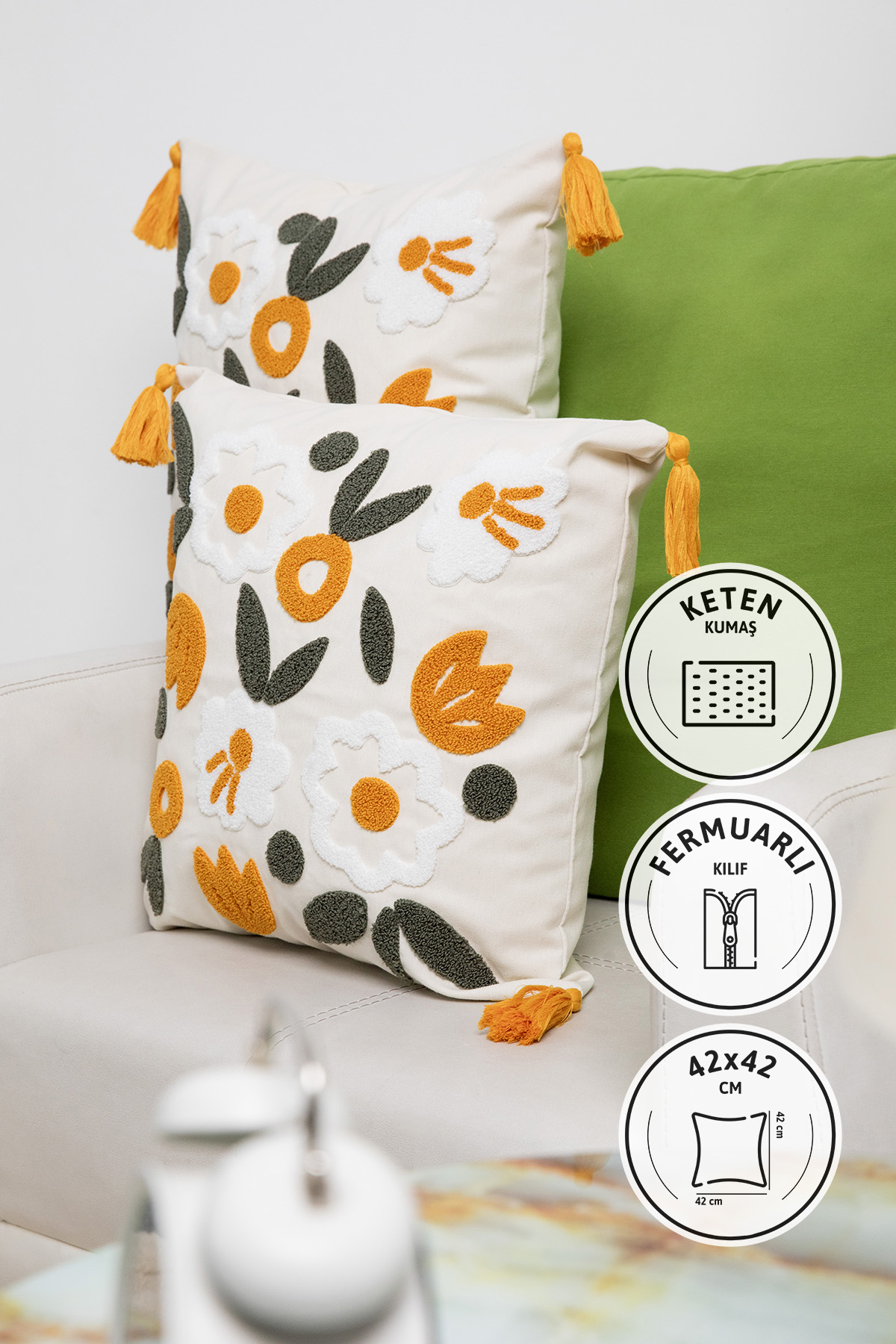 Avis Püsküllü Punch İşlemeli 2'li Kırlent Kılıfı 42x42 - Turuncu Avis Püsküllü Punch İşlemeli 2'li Kırlent Kılıfı 42x42 - Turuncu