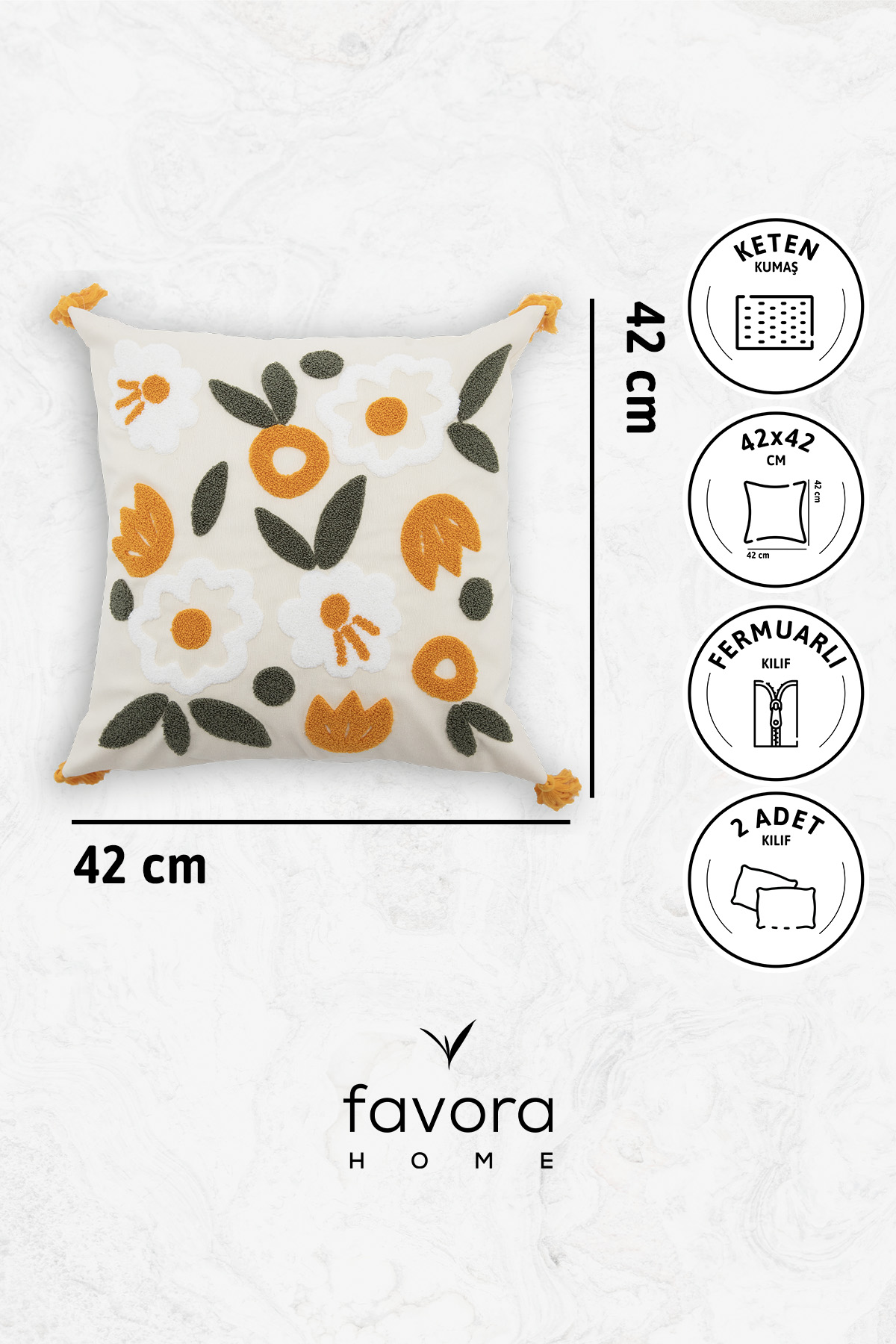 Avis Püsküllü Punch İşlemeli 2'li Kırlent Kılıfı 42x42 - Turuncu Avis Püsküllü Punch İşlemeli 2'li Kırlent Kılıfı 42x42 - Turuncu