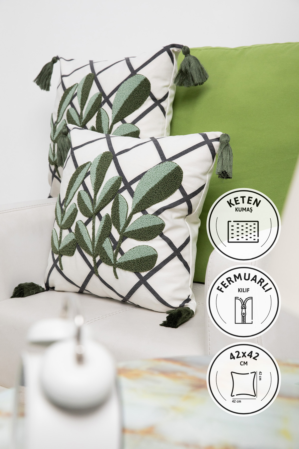 Avis Püsküllü Punch 2li Kırlent Kılıfı 42x42-Yeşil Avis Püsküllü Punch 2li Kırlent Kılıfı 42x42-Yeşil